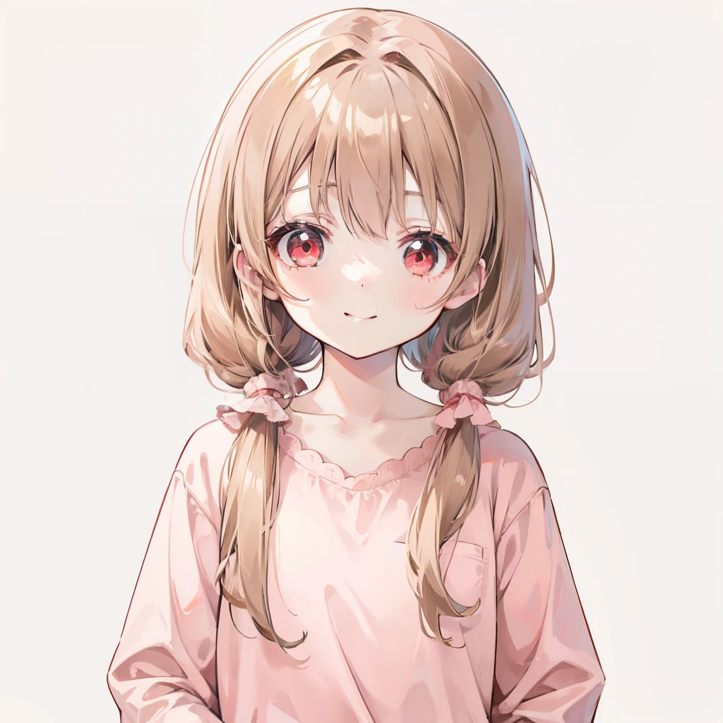 Pale brown hair,low twintails,light pink simple clothes, Cute little girl,red eyes,a smile