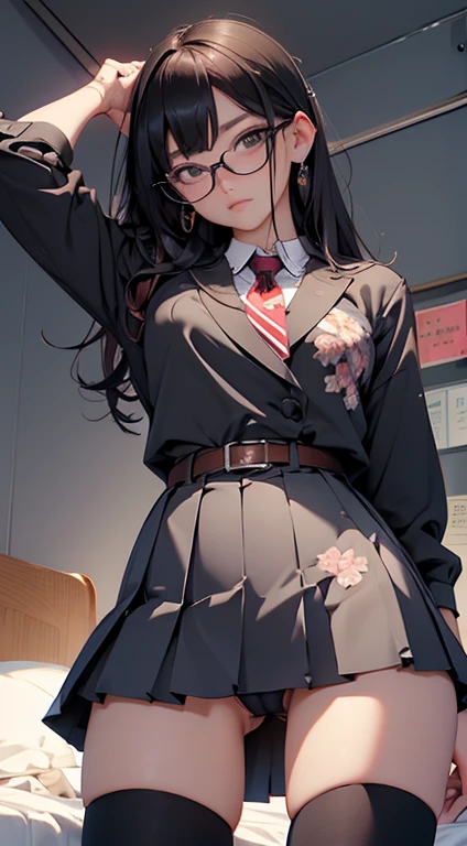(Long black straight hair)、Open your legs、 (A detailed eye、二重まぶた、eye glasses、embarrassed from)、 (School Uniforms:1.3)、(sexy super mini pleated skirt:1.3)、(Skirt lift:1.3)、(Please show me your low leg pants:1.3)、(garterbelts:1.4)、(thigh-high socks:1.3)、) 、((Cameltoe:1.4)、(Model body type、Slim waist)、big butts、Large Thigh、(zettai ryouiki:1.3)))、(5Fingered hand、Highly detailed facial and skin texture)、 (ultra close up:1.3)、Focus on the crotch、(From below:1.2))、((top-quality、8K,masterpiece:1.3))、(Beautiful woman with perfect figure:1.4)、(I lay down on a bed with a floral pattern.:1.3)