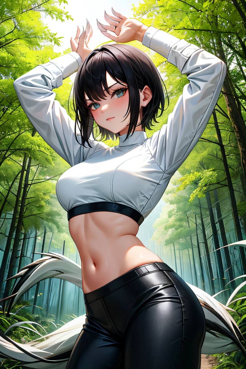 Cute girl, Wolverine, She wears a white bra and long black pants, Long claws, short hair, Forest in the background, White cotton bra for women, women's underwear