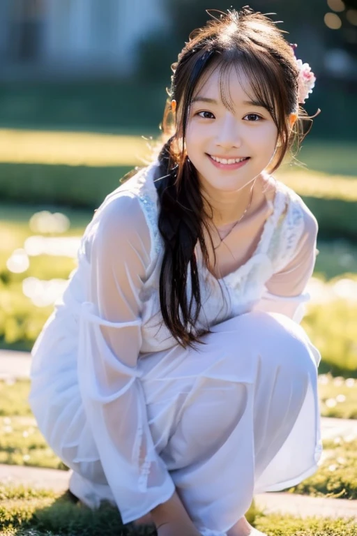 Kawaii Girl,japanes,ers old,Full Body Display、masterpiece、8K、Wearing a white leotard、(Wet from rain)、low angles,With the best image quality、beautiful a girl, cute little,, hight resolution, ultra-detailliert, finely detail, ighly detailed, extremely detailed eye and face, Sharp pupils,In ultra-high resolution,Cute smile, Cinematic lighting,tranquil atmosphere、Beautiful fine details,extremely detailed eye and face、Ultra-wide-angle shooting、kneeking,elem