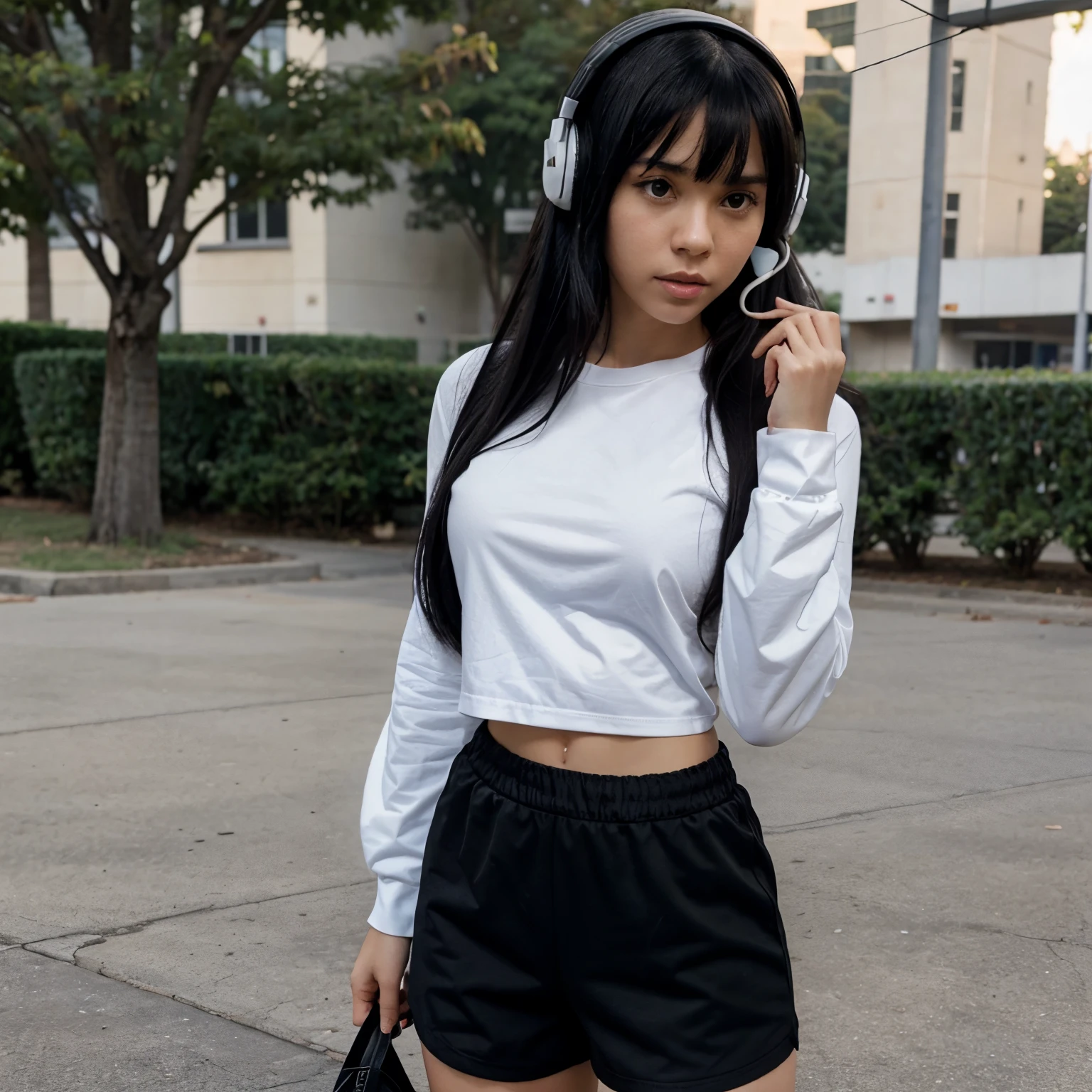 Boondocks character girl with medium long black hair, with bangs, wearing headphones, on her phone, wearing a white long sleeve plain shirt with black basketball shorts, the girl is 5’3