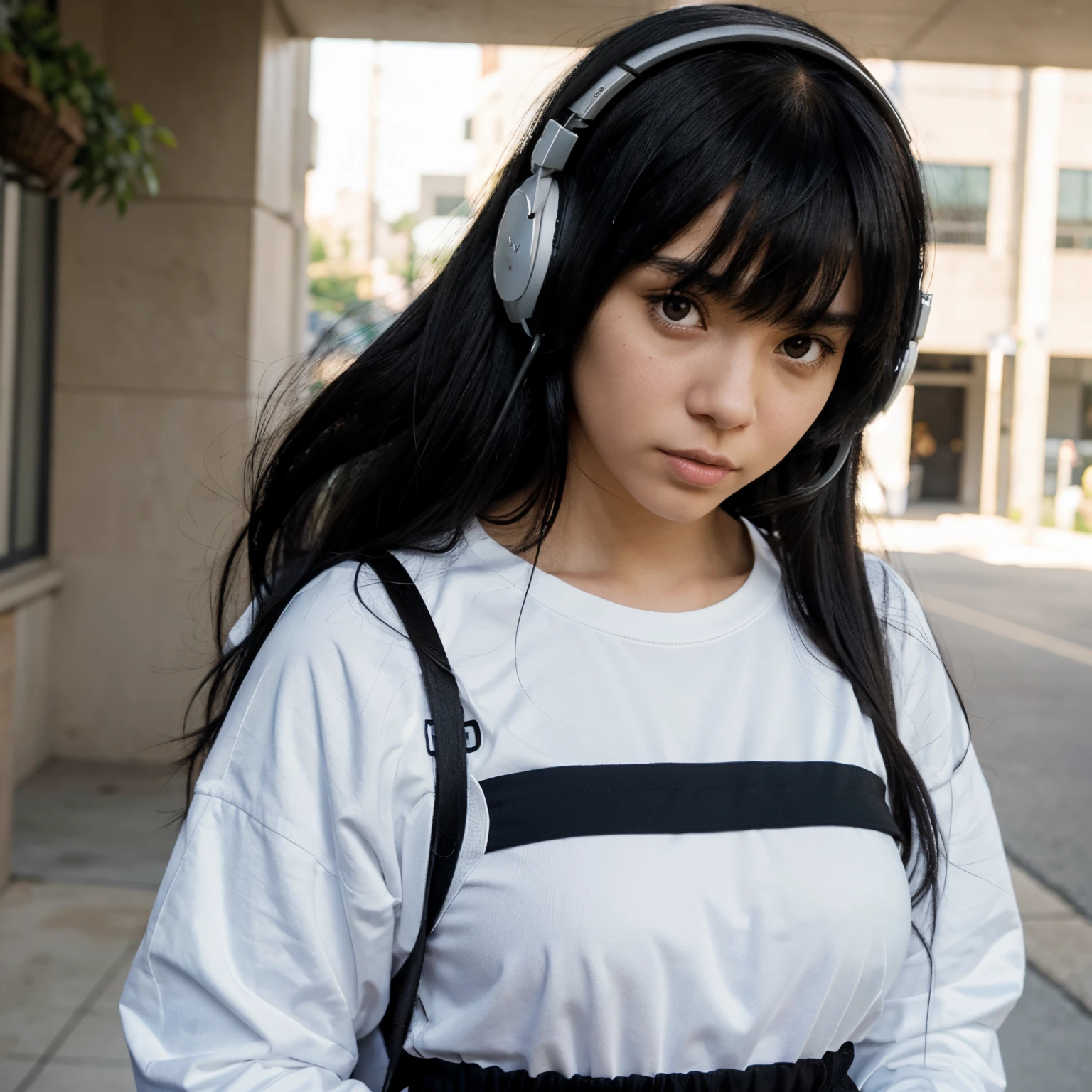 Boondocks character girl with medium long black hair, with bangs, wearing headphones, on her phone, wearing a white long sleeve plain shirt with black basketball shorts, the girl is 5’3