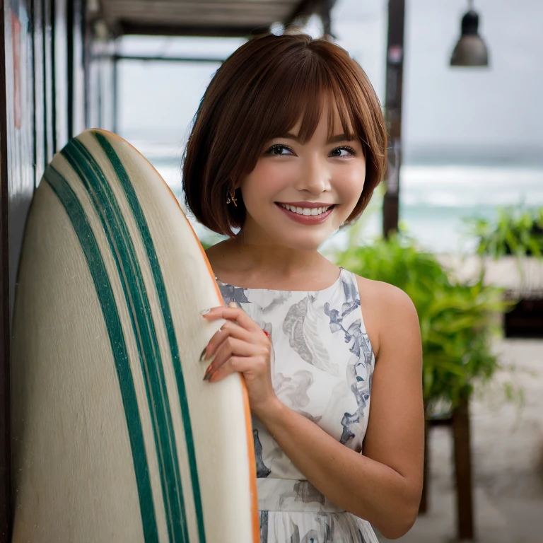 red brown bob hair、a smile、