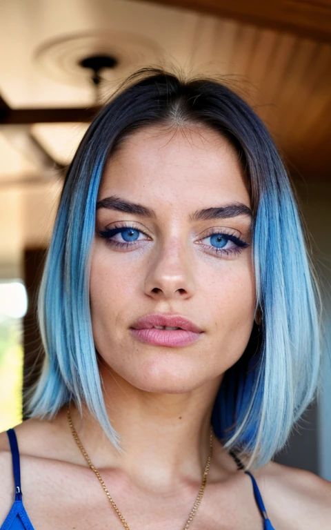 Photorealistic, Best Quality, hyper detailed, a closeup of a, Portrait, looking a viewer, Head straight towards the camera ,better shadow ,beautiful sexy fitness girl, 21 old years, young girl, blue eyes, symmetrical beautiful face, Blue hair, Almond eye , full lips , hairsh, Knotted back