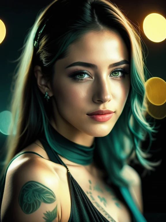 Femme aux cheveux turquoise et au tatouage, latine, ,Utilisation de Black Blaser , tenue professionnelle sexy, in the style of photorealistic ghosts, turquoise foncé et émeraude claire, Realistic marine paintings, Image UHD, Spirale, Aurorapunk (шедевр, side lighting, beautiful finely detailed eyes: 1.2 ), Hdr,night scene, Photo en gros plan d'un sexy, Posant, regarder un appareil photo et sourire, poils roses en queue de cheval, (Yeux verts: 0.8), Joli visage jeune, 18 I, soft volumetric lights, (backlit: 1.3), (cinematic: 1.3), intricate high detail, (ArtStation: 1.2)