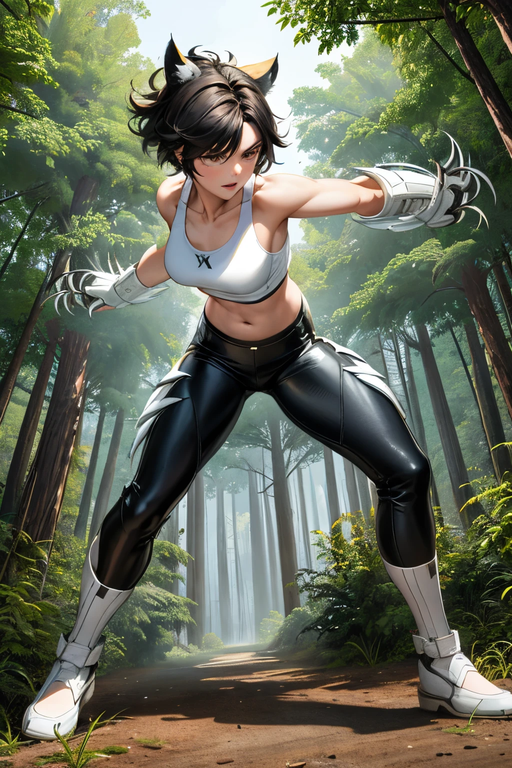 Cute girl, Wolverine, She wears a white bra and long black pants, Long claws, short hair, Forest in the background, White cotton bra for women, women's underwear, She wears tank top, Long claws, Wolverine, Logan, X-Men, full body