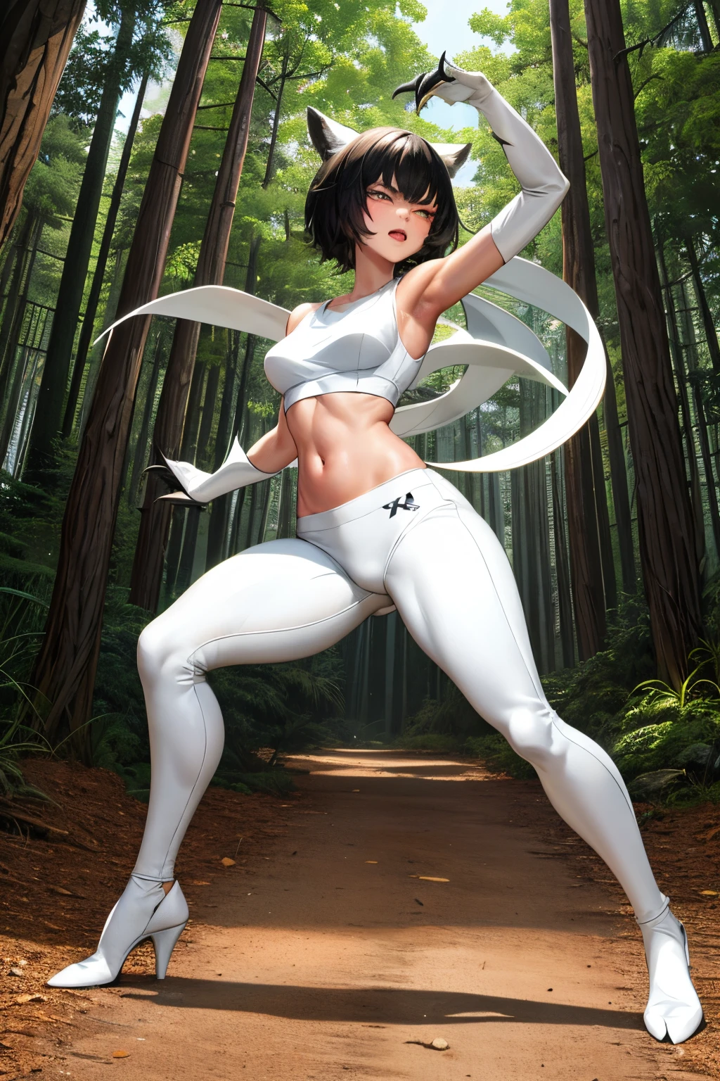 Cute girl, Wolverine, She wears a white bra and long black pants, Long claws, short hair, Forest in the background, White cotton bra for women, women's underwear, She wears tank top, Long claws, Wolverine, Logan, X-Men, full body