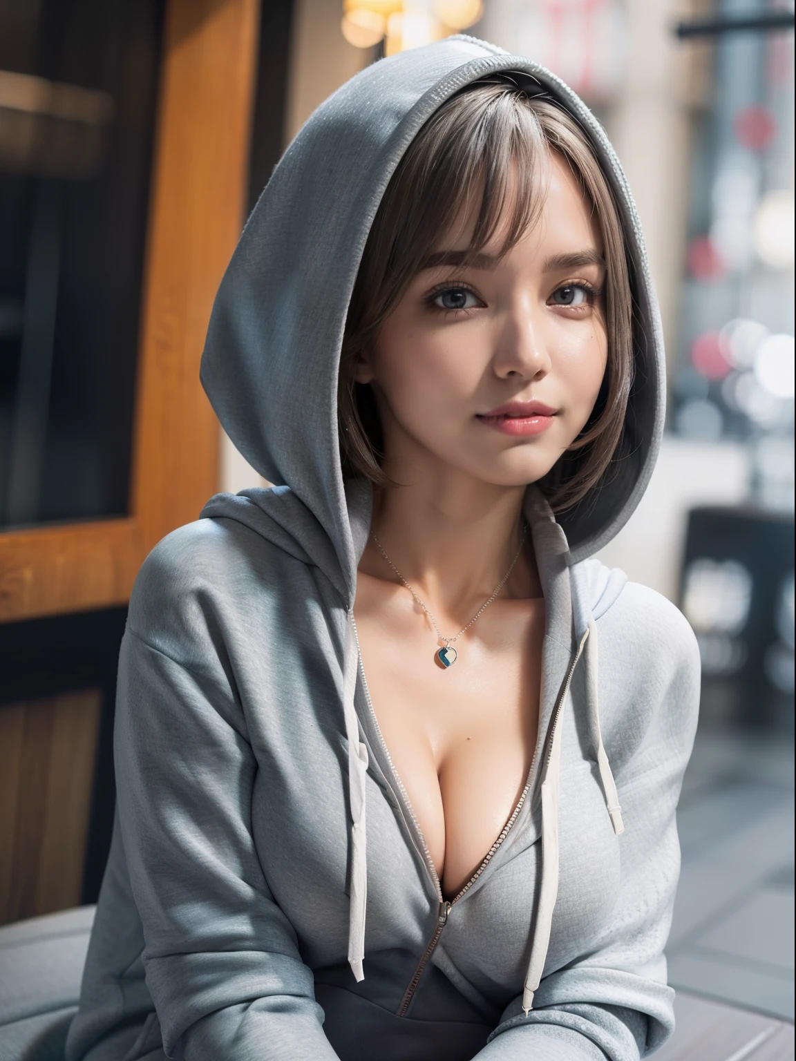 (Exposed One Breast))), (Lower Breast Exposed)), ((Lower)), Temptation Smile, (8k, Best Quality, Masterpiece: 1.2), (Realistic, Photorealistic: 1.37), Super Detailed, 1 Girl, Cute, Solo, Beautiful Detailed Sky, More Cafe, Night, Sitting, Date, (Blush), (Smile: 1.15), (Closed Mouth) Beautiful Detailed Eyes, Night, Wet, Sheer Through, Business clothes, rain, white lace, (short hair: 1.2), floating hair Novafrog style, cleavage, no bra, very thin cloth, very tight cloth, gray hair, zip (((((up hoodie))), necklace, grabbing chest