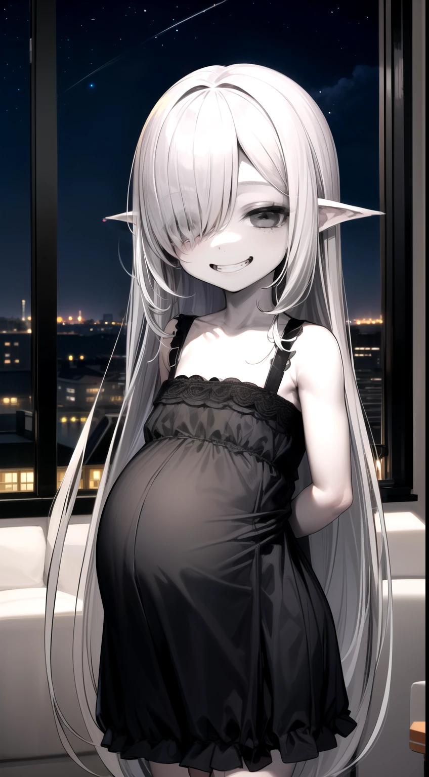 1girl,female focus,very long hairs, (loli:1.6),(hair over eyes:1.4) ,Creepy smile,(grey skin:1.5),indoor,night,living room,pregnant,bikini
