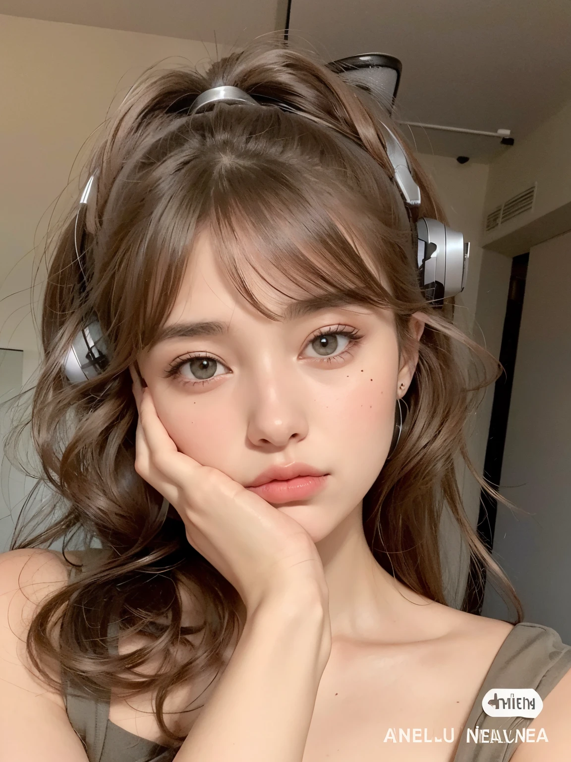 A close-up of a woman with headphones on her head, Retrato Sophie Mudd, Anna Nikolanova aka Newmilky, Pokimane, com fones de ouvido, 18 anos, Delphine bonita, Yelena Belova, Angelina Stroganova, morena com cabelos loiros tingidos, 🤤 retrato da , 2 Modelo feminina de 4 anos, julia gorokhova, Modelo do Instagram