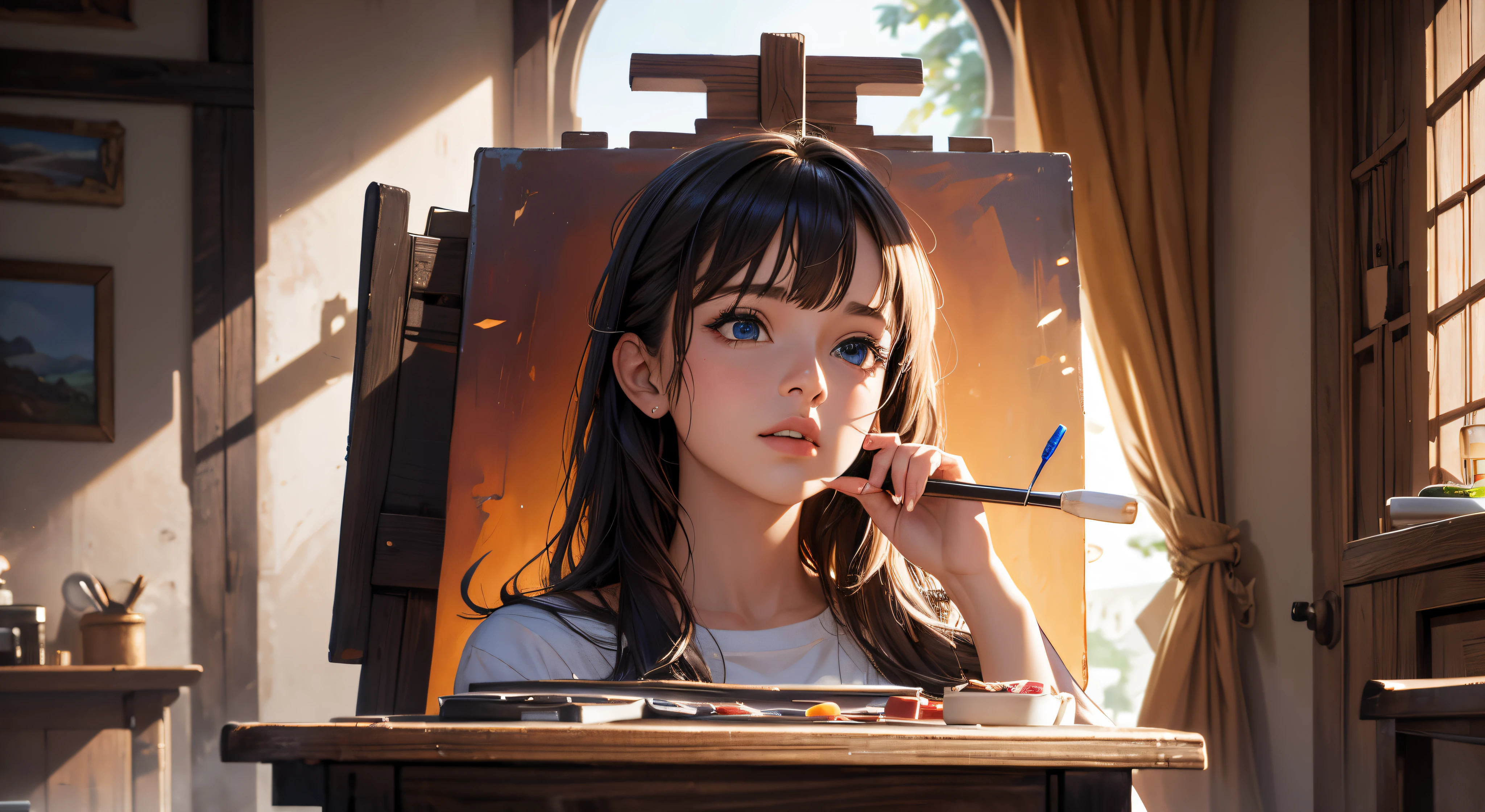 (a girl),oil painting,belos olhos detalhados,beautiful detailed lips,olhos e rosto extremamente detalhados,long eyeslashes,lona,Fine brushes,pigmentos e cores,cavalete de pintura,tamborete,Artist's Studio,faca de paleta,Paleta de cores,avental pintado,Pinceladas,atmosfera criativa,Artistic process,concentrating,inspiration,colorful composition,Artistic expression,concentre-se na qualidade mais detalhada,4k,8k,Altas,master part:1.2),ultra-detalhado,(Realistic,fotorrealista,photo-realistic:1.37),Retratos,vivid colors,studio lighting,Luz natural suave,esquema de cores harmonioso,