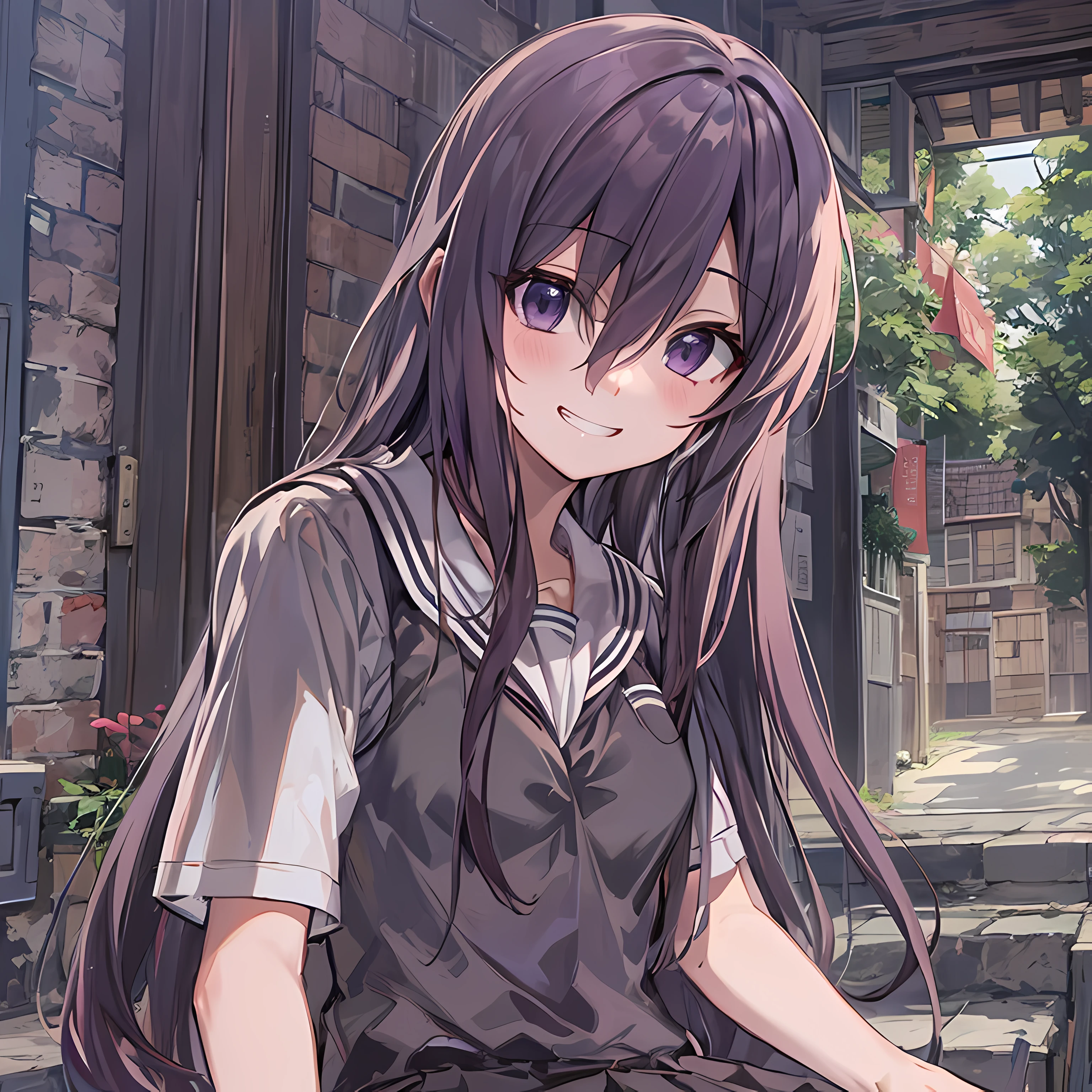 (high quality) Single anime girl, long hair, dark purple hair, brown school uniform, sultry grin, small boobs