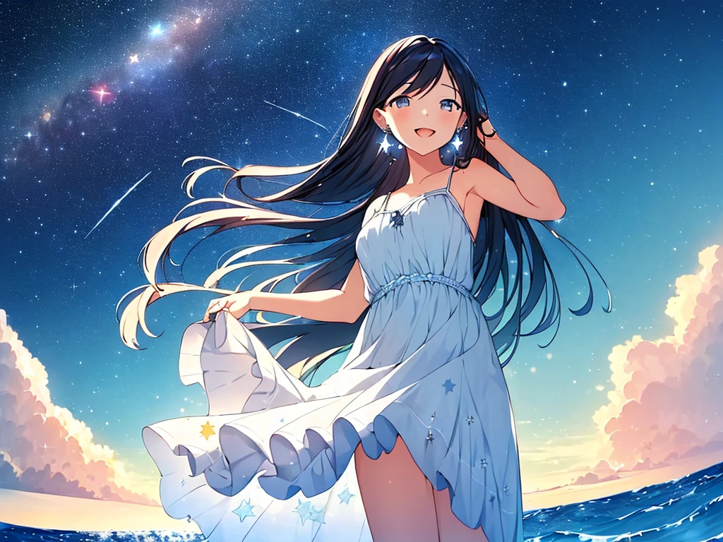 happy,(((masterpiece))),best quality,sundress,ocean,((starry sky)),standing,from below,(beautiful detailed girl),earrings,long hair,swept bangs,sliver hair, (1 girl),hand in own hair,wind,water splash