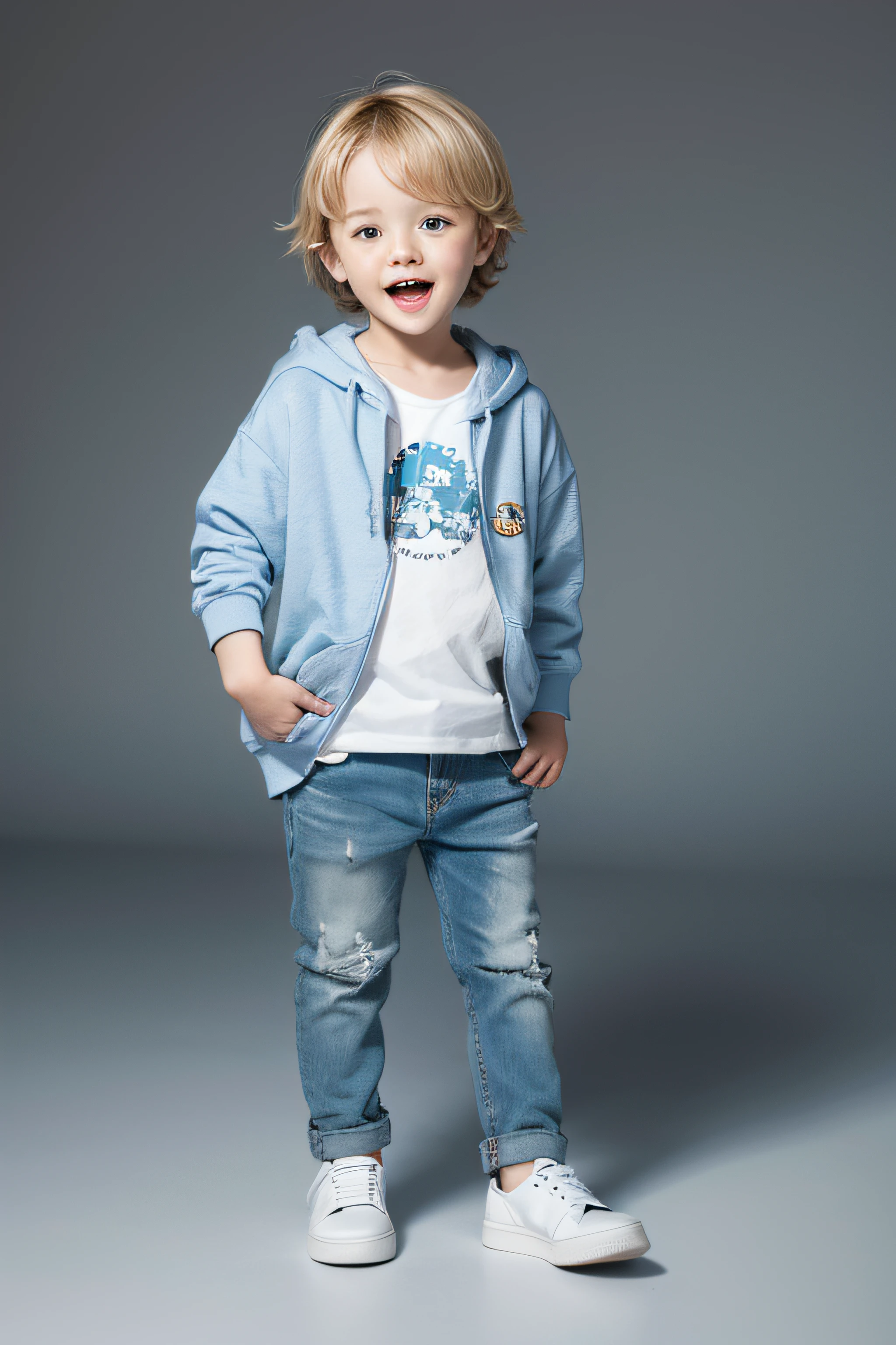 The blond boy, Wearing a nice blue hoodie, white pantie, and black shoes, Singing with a microphone while standing in front of white background