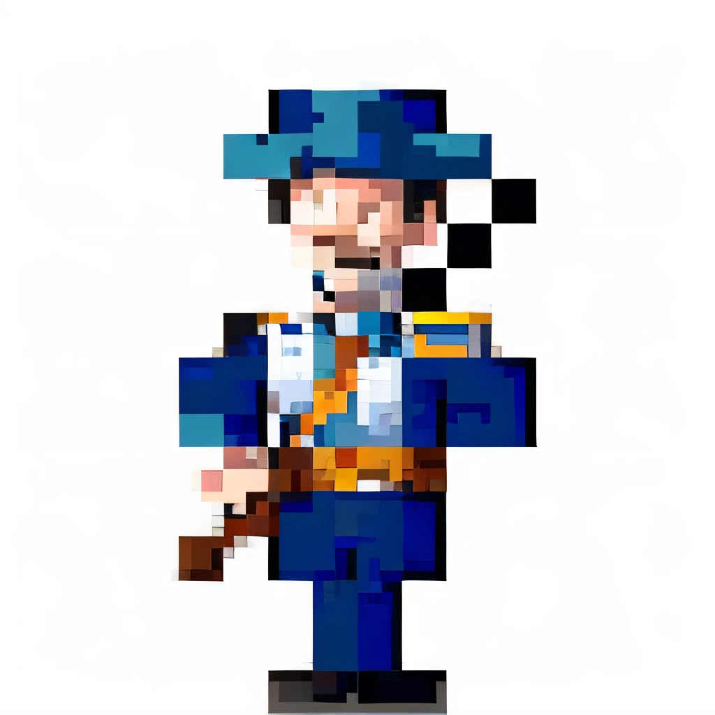 (best qulaity,4K,8K,High,Master-Teil:1.2),Ultra-detailliert,(realistisch,fotorealistisch,fotorealistisch:1. 37) Colonial soldier with a black tricorn hat and blue uniform with a high white collar and red rank insignia in the middle of the chest, The sleeves of the uniform are blue with white cuffs and the pants are dark trousers, which transition into black boots, He also holds the musket at the bottom with his right hand and at the top of the musket barrel with his left hand. The colors of the artwork are strong and vibrant, verleiht der Gesamtkomposition Tiefe und Dimension. Hohe Detailgenauigkeit, ernster Gesichtsausdruck, Intensiv, 2 D Sprite, 1 Petapixel-Bild, pixel art sprite, SPRITE 2 D, Videospiel-Sprite, Reduced portrait of a duke, leicht verpixelt, Ein Kolonialsoldat, symmetrical portrait rpg avatar, GanzköRpeR-SpRite, 2-D-Textur, 2-D-Textur.