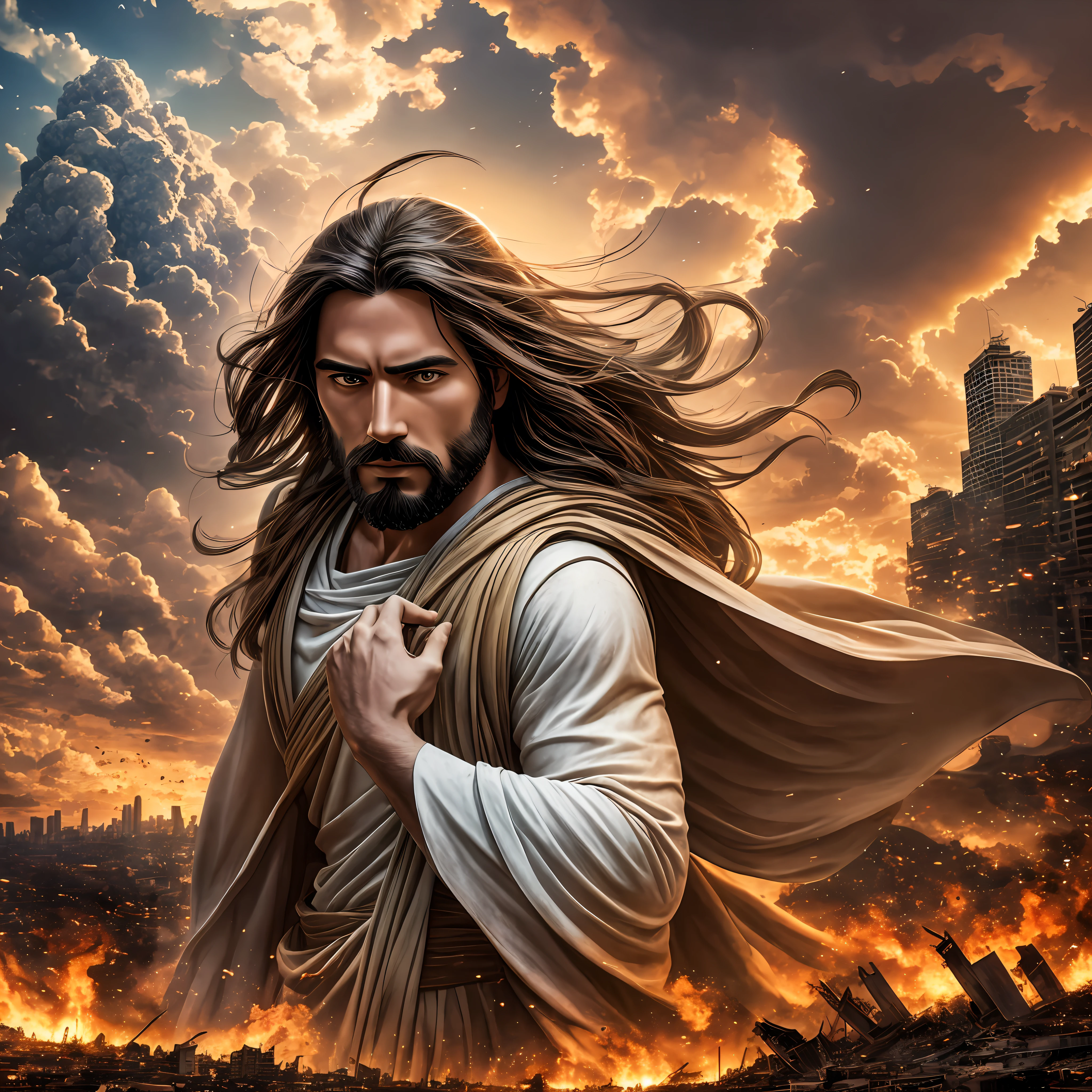 Creates an image of Jesus returning to earth, With the Earth in extreme agony and with countless catastrophes happening, and he came with power and great glory in heaven, e todo mundo vendo ele retornando, the city being destroyed and everyone wailing and marveling,8k, UHD, severe low lighting, alta qualidade, foco nitido, Fujifilm XT3 --auto --s2