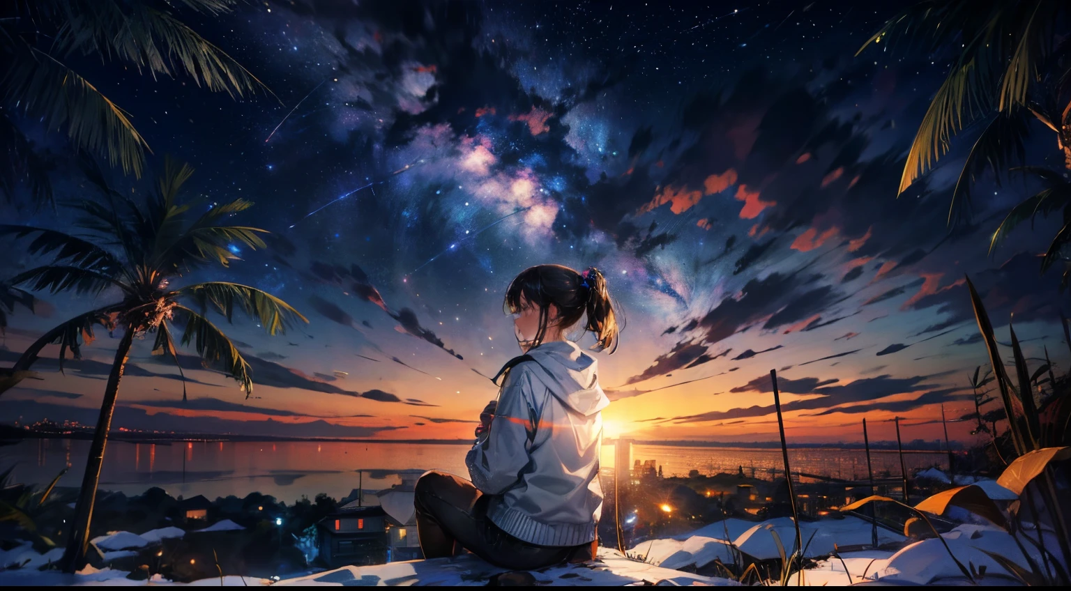 Garota com fone de ouvido, paisagem, starly sky, noite, 1girl, night sky, solo, ao ar livre, bilding, nuvem, milky ways, sentado, tree, cabelo longo, cidade, silhueta, paisagem urbana --auto --s2