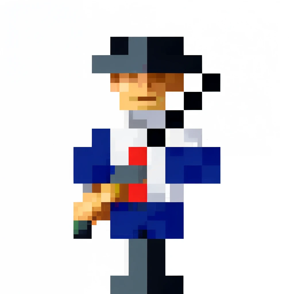 (best qulaity,4K,8K,Hoch,Master-Teil:1.2),Ultra-detailliert,(realistisch,fotorealistisch,fotorealistisch:1.37) Colonial soldier with a black tricorn hat and a blue uniform with a high white collar and a red rank insignia in the middle of the chest and the sleeves of the uniform are blue with white cuffs and the trousers are dark trousers, which transitions into black boots, He also holds the musket at the bottom with his right hand and at the top of the musket barrel with his left hand. The colors of the artwork are bold and vibrant, adding depth and dimension to the overall composition. Hohe Detailgenauigkeit, ernster Gesichtsausdruck, intensive, 2 D Sprite, 1 Petapixel-Bild, pixel art sprite, SPRITE 2 D, Videospiel-Sprite, Reduced portrait of a duke, leicht verpixelt, Ein Kolonialsoldat, symmetrical portrait rpg avatar, Starkes JPEG-Artefakt verschwommen, GanzköRpeR-SpRite, 2-D-Textur, 2-D-Textur.