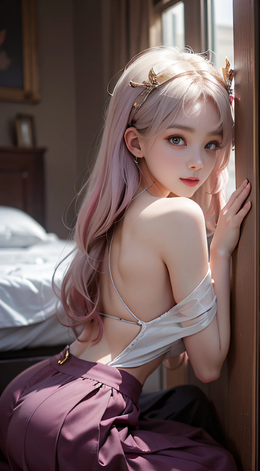 （((on the beds、Woman sleeping face down))）、((posterior view))、（The back  visible）、（Sleeping face down）1 girl, Silver hair, striated hair, Bangs, Blunt bangs, Long hair, Pink hair, aqua eyes, longeyelashes, Purple eyes, makeup, Smile, Parted lips, Realism, Verism, surrealism, depth of fields, One-person viewpoint, F/1.8, 135 mm, canon, nffsw, retinas, masutepiece, ccurate, Anatomically correct, Textured skin, Super Detail, high details, High quality, Best Quality, hight resolution, 1080p, hard disk, 4K, 8K、（Coarse short sweater）Floats off the shoulders、off shoulders、（stick out buttocks）((sexypose))、(camel's toe),((No skirt))、Marshy skin。realisitic、Photorealsitic:1.37)、(Kpop Idol)、Medium Hair、(Pink blush)、(illuminating)、(独奏)、dynamicposes (Slim legs)、erotick、nffsw、Highly detailed ambient occlusion、超A high resolution,