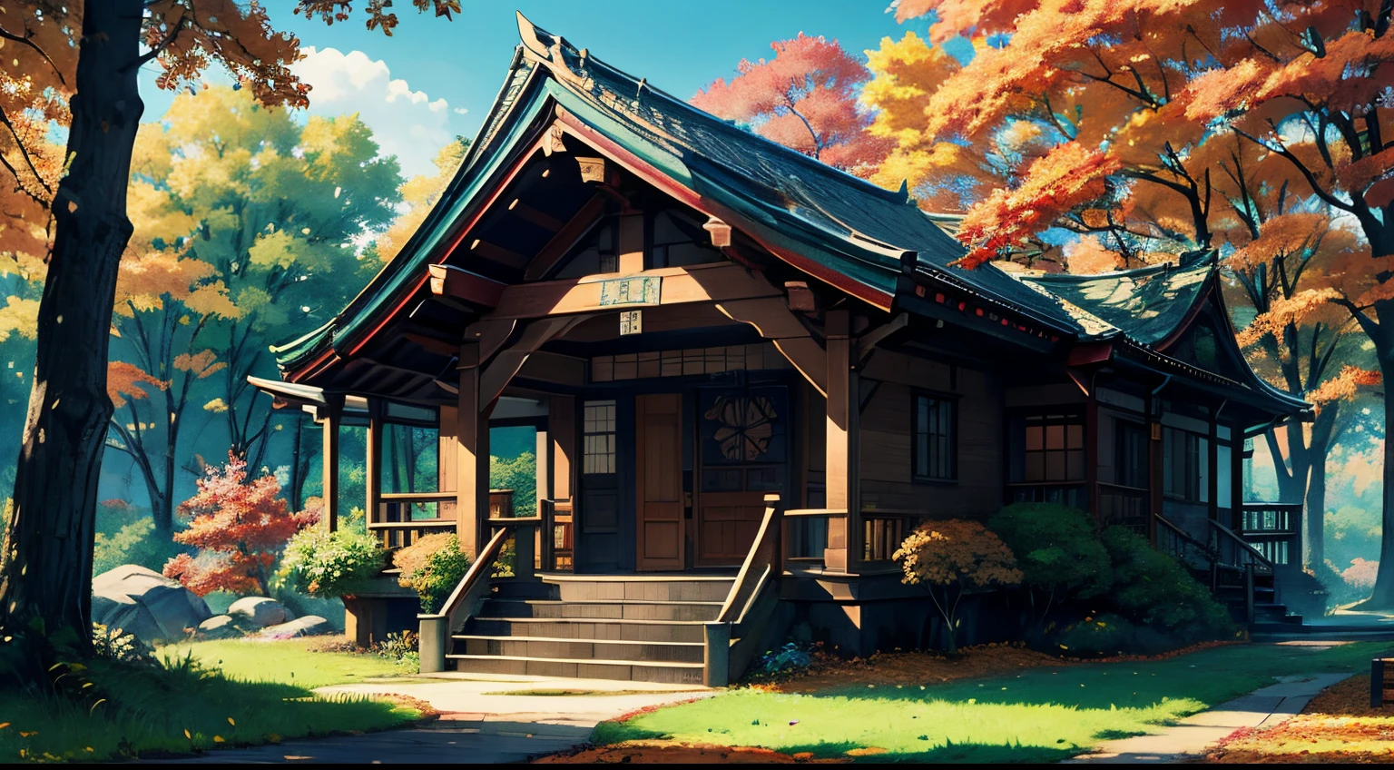 Best Quality、masutepiece、8K、Colored leaves、shrines、(falls、ln the forest)、autumnal
