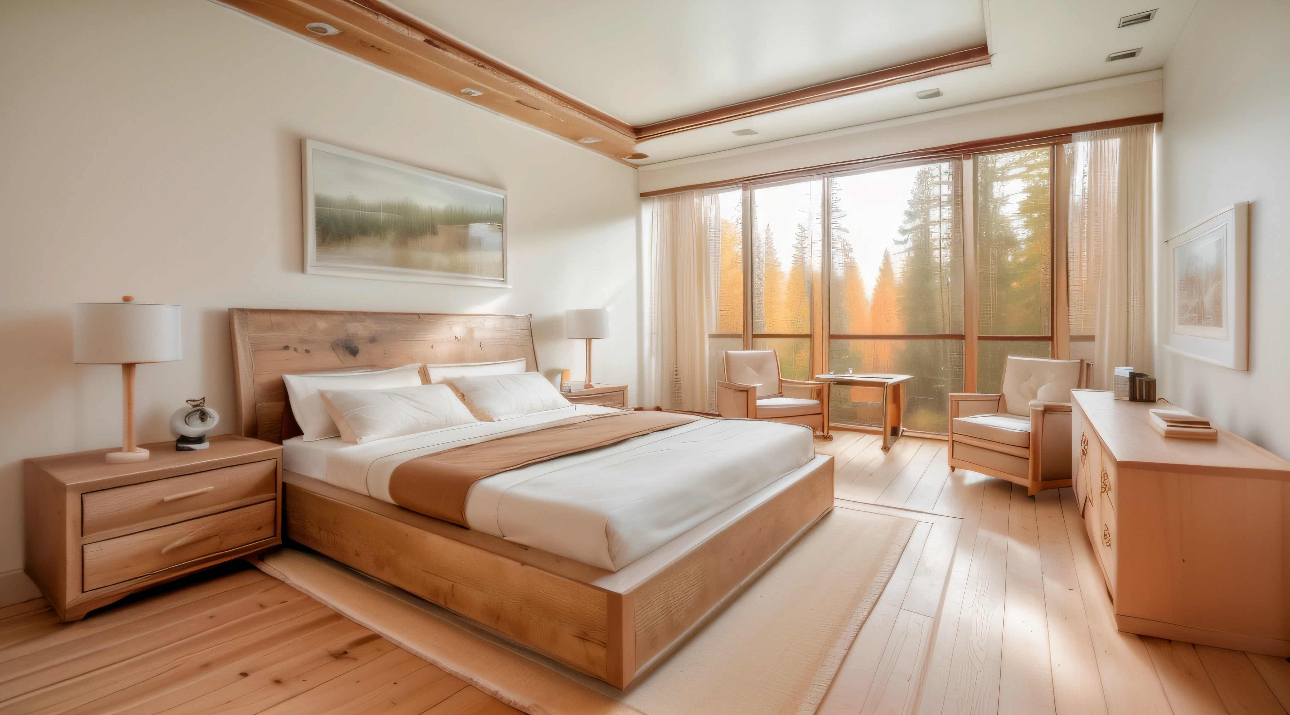 One bedroom interior, natural light, forest scene outside, warm color tones, wooden floor, white ceiling, wooden bed wall, rustic style, sharp image, surreal, masterpiece, best quality, super detailed, extremely high raw image , DSLR, soft light, high quality, film grain, Fujifilm XT3