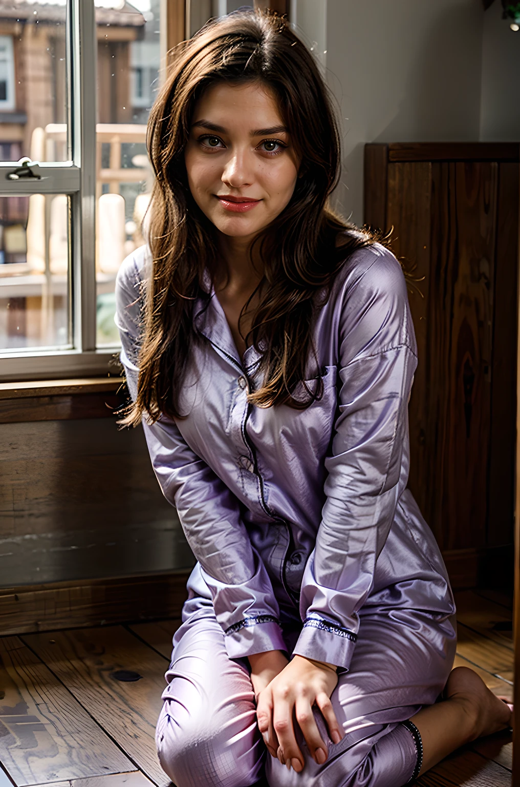 a photo of a brunette woman dressed in a purple pijamas, brown eyes, innocent smile, sitting by the window, wooden floor, warm lighting, soft natural lighting