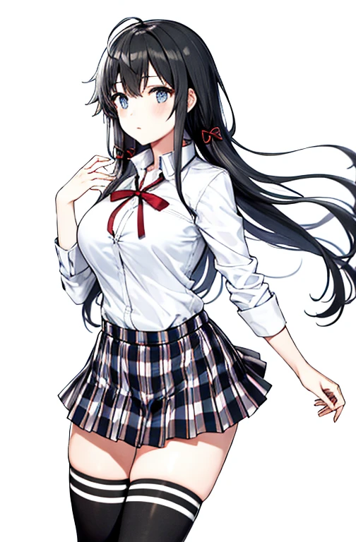1 girl as yukino yukinoshita, absurdres,  highres, solo, school uniform, big breasts, waist long black hair, (twintails:0.5), miniskirt, black thighhigh socks, loose red ribbon, unbuttoned white shirt