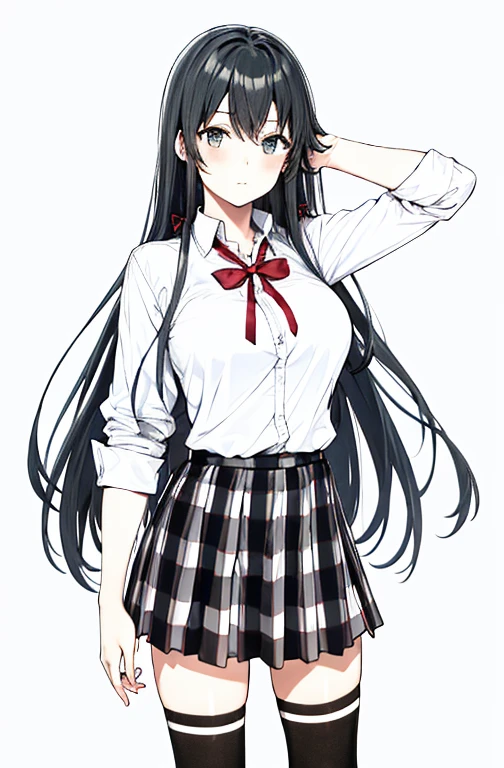 1 girl as yukino yukinoshita, absurdres, highres, solo, school uniform, big breasts, waist long black hair, (twintails:0.5), miniskirt, black thighhigh socks, loose red ribbon, unbuttoned white shirt