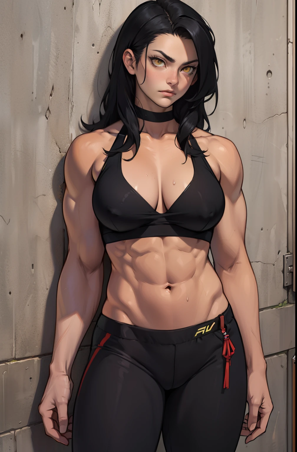 against wall black hair yellow eyes (muscular girl large breasts) expressionless