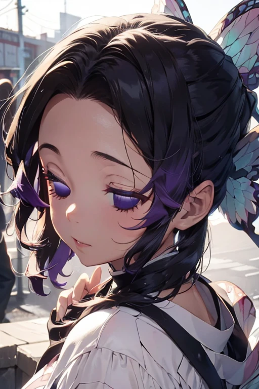 (Best Quality、8K、nffsw:1.2)、(kochou shinobu)、((up of face))、long eyeslashes、(Eyes closed)、O cabelo multicolorido、dishevled hair、forehead、Smooth skin、flushed cheeks、Glossy lips、Pouty lips、obscene gross、kiss face、Female face、The camera is from the front