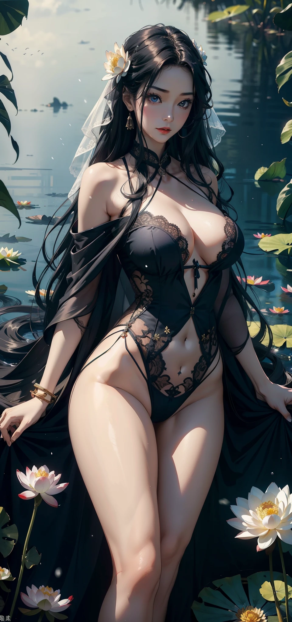 1female,45 yers old,Married woman,legs long, a slender waist, photo exposure, 独奏,(Background with:lake,lotus flower,Under water) She has long black hair,Lie underwater,seen from the front, curlies, sky with many clouds,(((tmasterpiece),(Very detailed CG unified 8k wallpaper),Best quality,电影灯光,detailed back ground,beautiful pupil,(very delicate beautiful),(Beautiful and detailed eyes description),ultra - detailed,tmasterpiece,))Redlip,Snow-white skin,a little bit chubby,pubic hair very large,facing at the camera,A high resolution,ultra - detailed),Revealed,Very huge,, convex,Camel toes,The cleavage protrudes,the bride(dressed in:Lace),