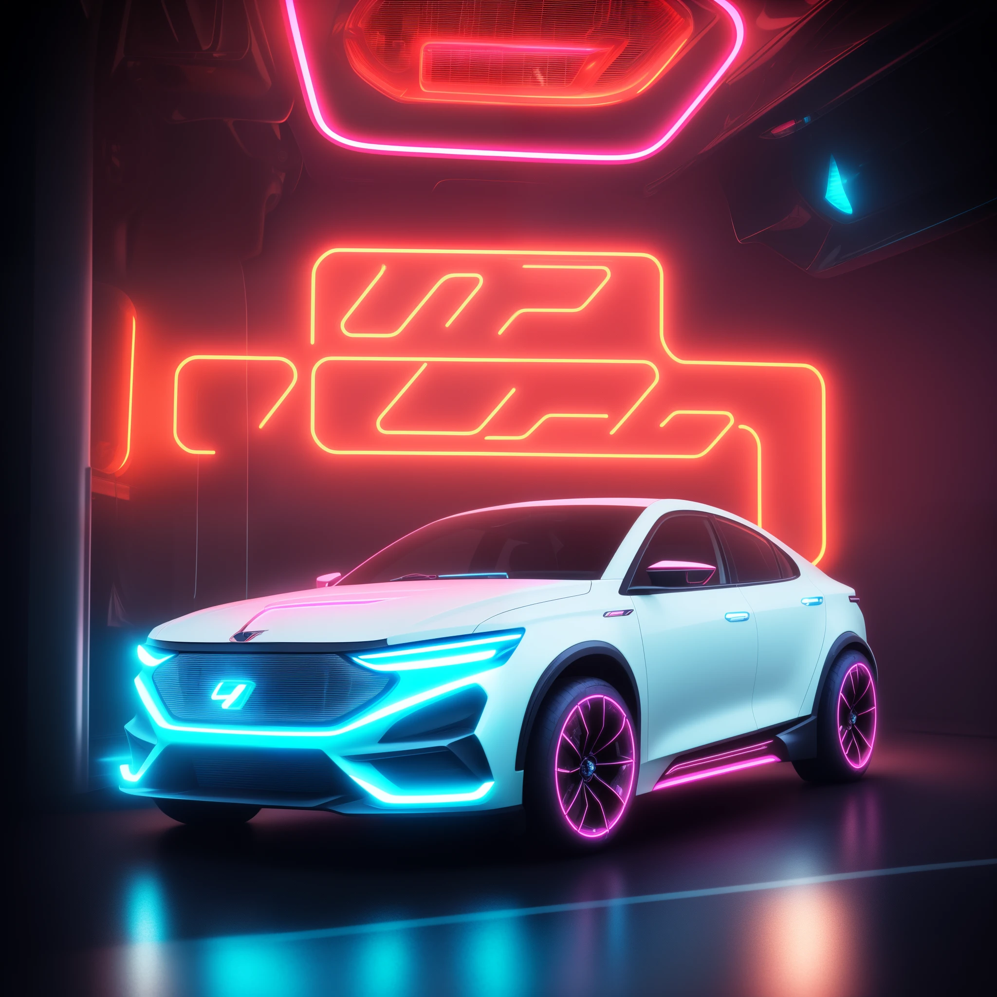 close-up of a car in a neon lit room, Tadeusz Pruszkowski, lada, Zach Stella, Stylized neon, Ladislas Starevich, Futuristic car shot, by Adam Marczyński, Fixed Gaze, daily render, promotional render, The headlights shine with neon light, Juan Carlos Stekelman