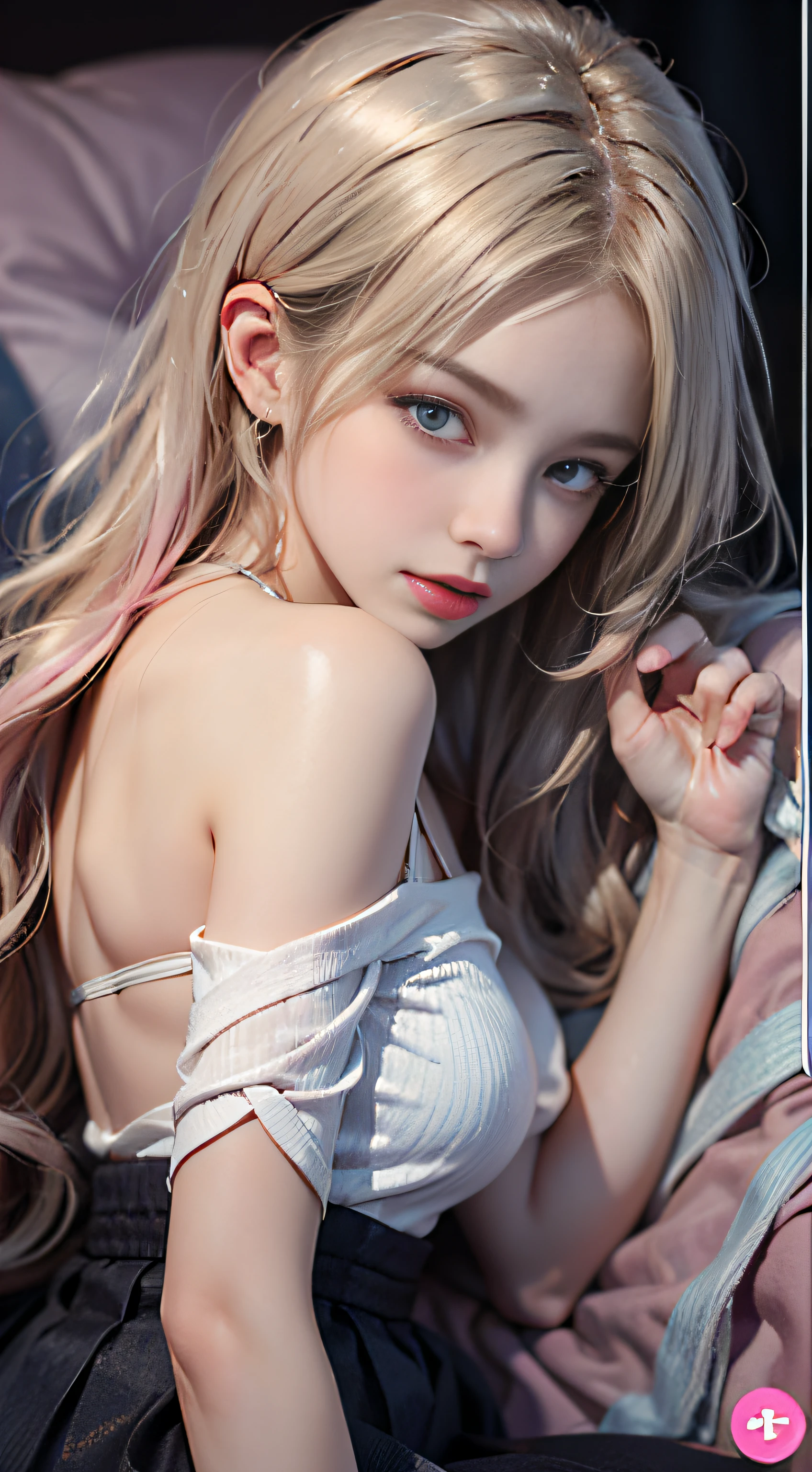 （((on the beds、Woman sleeping face down))）、((posterior view))、（The back  visible）、（Sleeping face down）1 girl, Silver hair, striated hair, Bangs, Blunt bangs, Long hair, Pink hair, aqua eyes, longeyelashes, Purple eyes, makeup, Smile, Parted lips, Realism, Verism, surrealism, depth of fields, One-person viewpoint, F/1.8, 135 mm, canon, nffsw, retinas, masutepiece, ccurate, Anatomically correct, Textured skin, Super Detail, high details, High quality, Best Quality, hight resolution, 1080p, hard disk, 4K, 8K、（Coarse short sweater）Floats off the shoulders、off shoulder body angle））、（stick out buttocks）((sexypose))、(camel's toe),((No skirt))、(camel's toe),（ tongue、Vaginal orchids）、shinny skin。realisitic、Photorealsitic:1.37)、(Kpop Idol)、Medium Hair、(Pink blush)、(illuminating)、(独奏)、dynamicposes (Slim legs)、erotick、nffsw、Highly detailed ambient occlusion、超A high resolution,