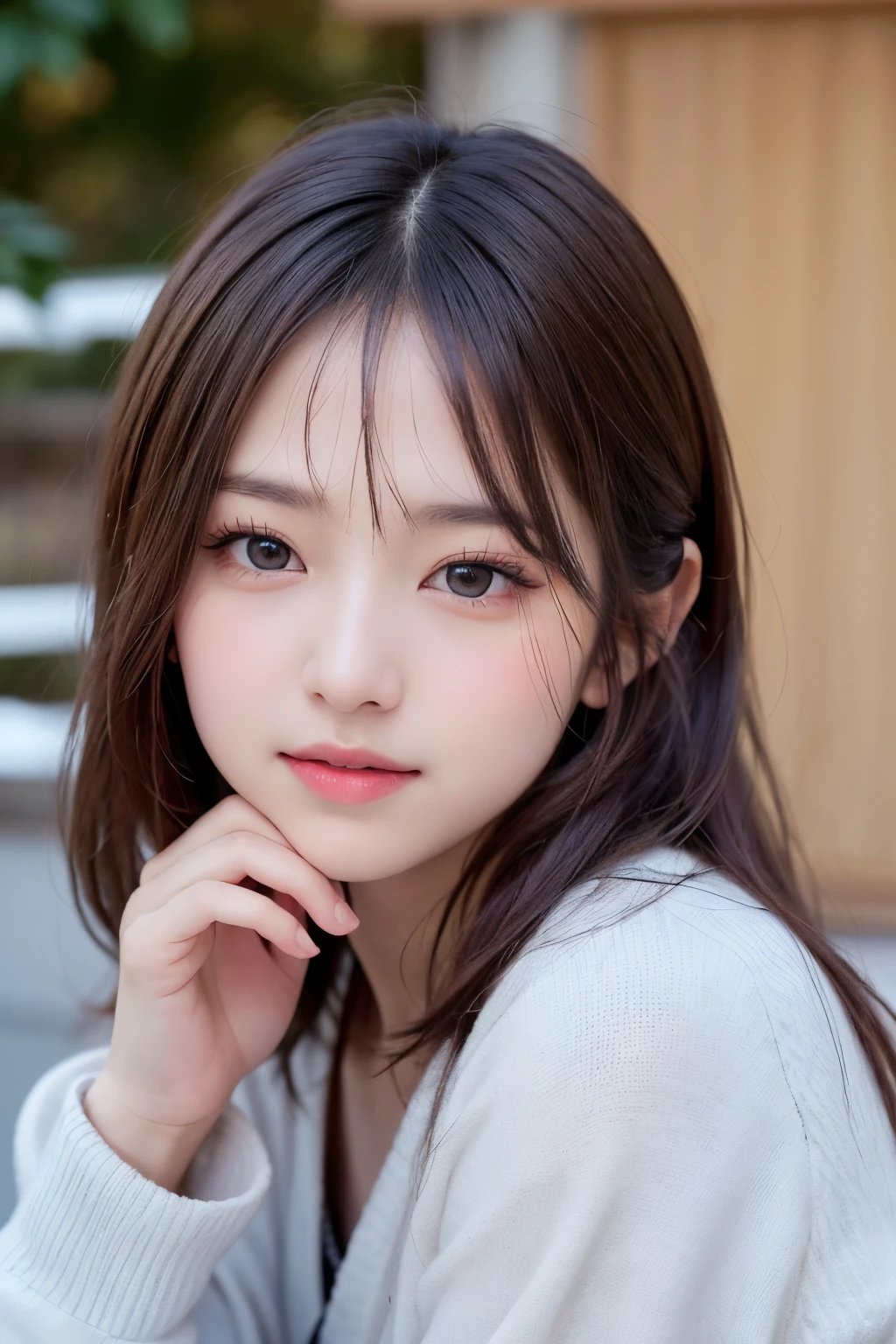 ​masterpiece, The highest image quality, hightquality, beautiful a girl, japanes, Japan schoolgirl, Popular Korean Makeup,Winter clothes、 detaileds, Swollen eyes, A detailed eye, Detailed skin, Beautiful skins, 超A high resolution, (现实:1.4), very extremely beautiful, Slightly younger face, Beautiful skins, slender, (A hyper-realistic), (hight resolution), (8K), (beautifully detailed eyes), (ultra-detailliert), (wall-), (详细的脸), looking at the viewers, finely detail、A detailed face、pureerosfaceace_v1、A smile、Looking straight ahead、Looks straight from the waist up、photos realistic、Bright lighting、length hair、Winter City