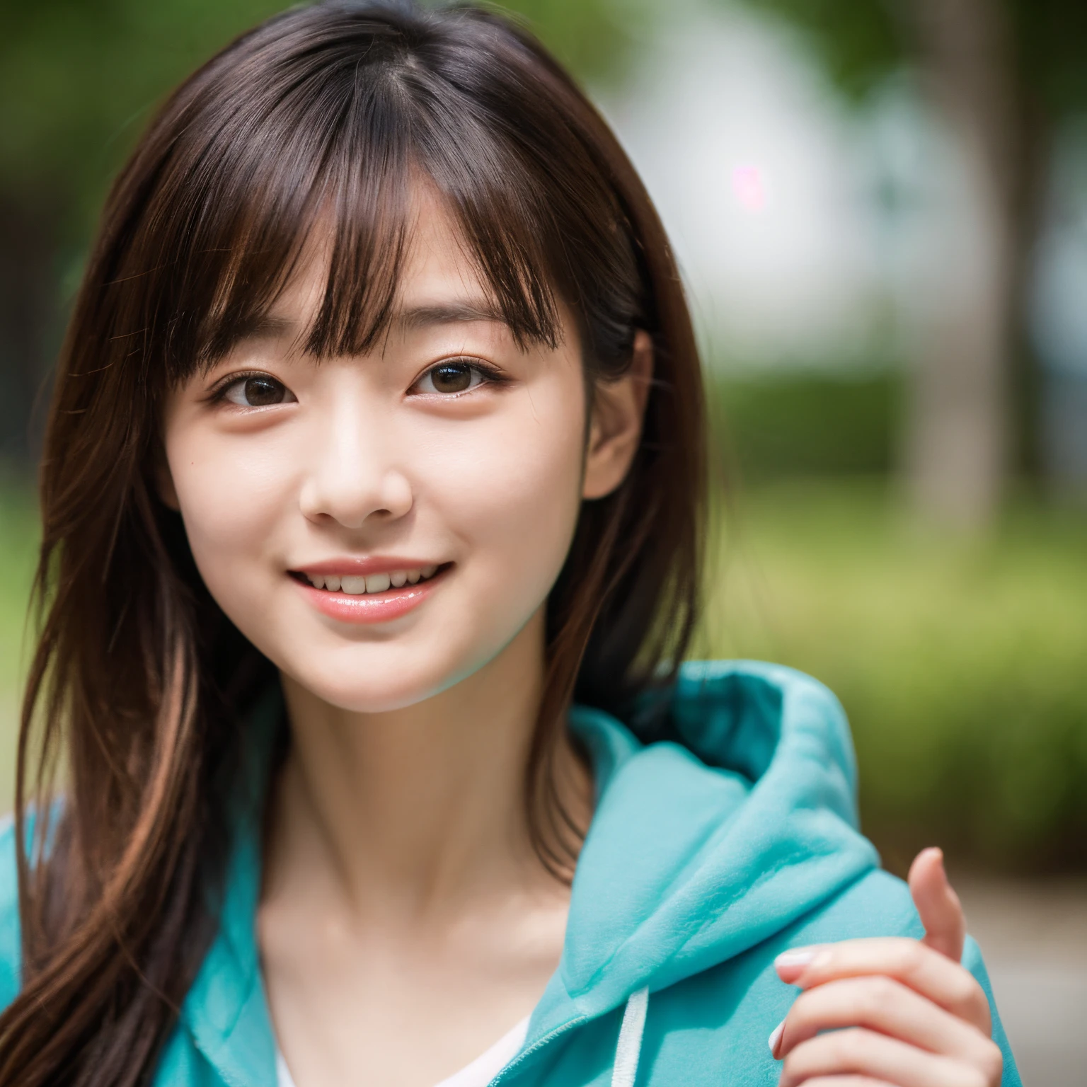 masutepiece, Best Quality, 8KUHD, Realistic, 1girl in, Correct human finger, (japanaese girl), Cute, Girly, Delicate girl, short twintails,dark green and brown odd eyes、Neat and clean beauty, 1womanl, Solo,A detailed face, (Drunken eyes ), (embarrassed :1.2),1girl in, a baby face,20 years old, Private room, Light blue hoodie, High resolution、(detailed facial features), (depth of fields, Portrait), Upper body, ((Natural light on a small chest)),((Film grain)), ((SLR camera)),(( 35mm lens focal length)), (( Open mouth)), (( half-open eyes))((a smile))