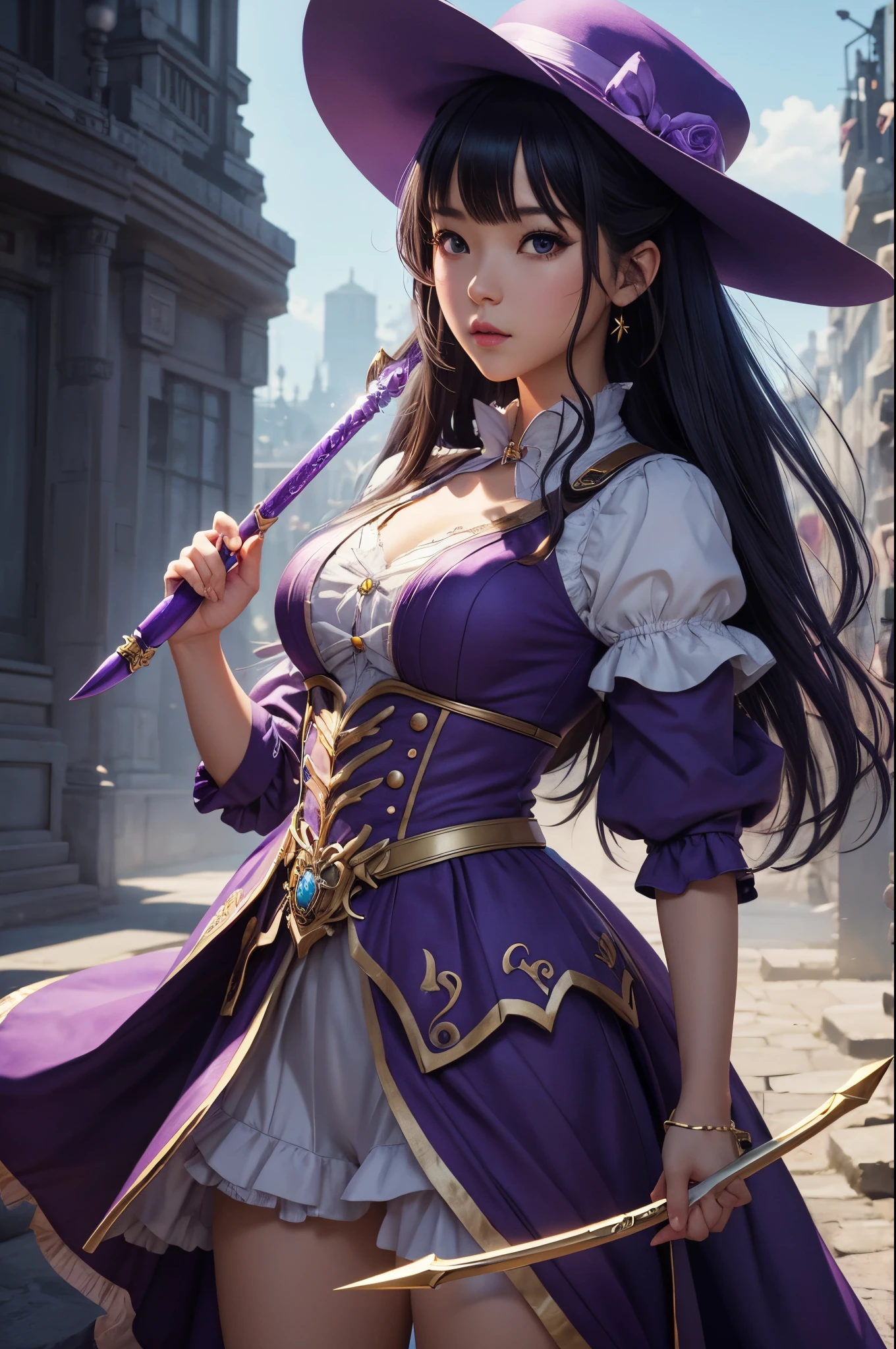 8K,Lolita girl,Goddess in purple costume and hat with magic wand, Super beautiful eyes,Golden eyes,light purple short bob hair,purple and gold skirt,small breasted goddess,very detailed Artgerm, ig model | ArtGerm, Style ArtGerm, style of artgerm, fanart best artstation, ! Dream ArtGerm, artgerm lau, Concept art | ArtGerm, cushart krenz key art feminine,超A high resolution,super realistic skin,kawaii,Fantasyart,character art,