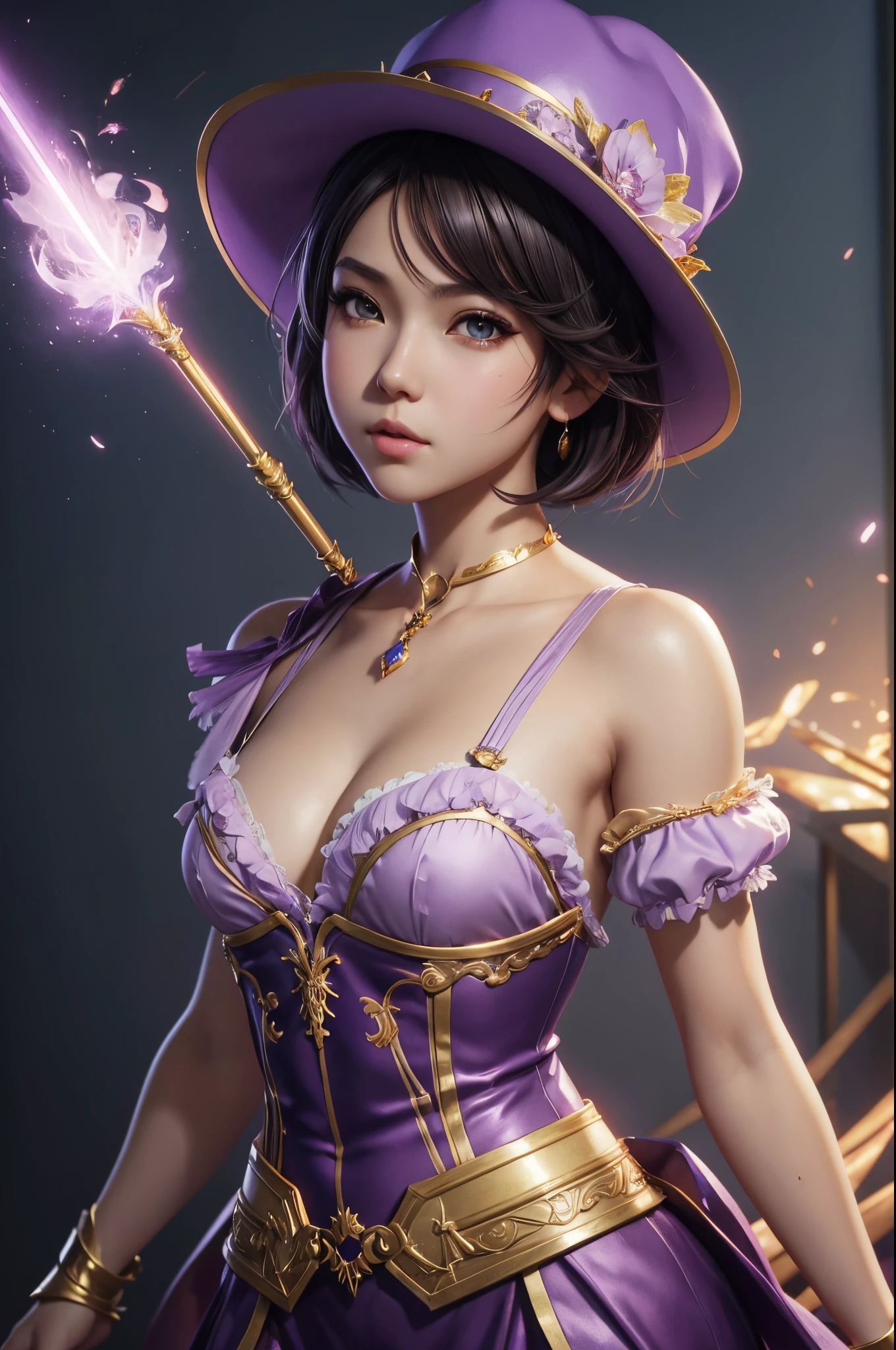 8K,Lolita girl,Goddess in purple costume and hat with magic wand, Super beautiful eyes,Golden eyes,light purple short bob hair,purple and gold skirt,small breasted goddess,very detailed Artgerm, ig model | ArtGerm, Style ArtGerm, style of artgerm, fanart best artstation, ! Dream ArtGerm, artgerm lau, Concept art | ArtGerm, cushart krenz key art feminine,超A high resolution,super realistic skin,kawaii,Fantasyart,character art,