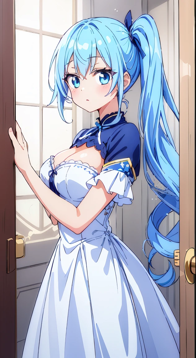(masutepiece, Best Quality, Perfect Anatomy, High quality:1.4), nice hand, Perfect hands, Detailed beautiful hands, Large_filesize, fulcolor, hight resolution, symmetric, exceptional, Best aesthetic, newest, Anime, very beautiful detailed body,The hair,faces,The eye,BREAK,



1 beautiful girl, 1 person,Solo,(Cute:1.5),(Chibi:0.6),(kawaii:1.5),(Lori:0.5),(17 years old girl),Very detailed,colourfull,highest details,Clear skin,Beautiful skin,Shy,Very detailed,colourfull,highest details,Clear skin,Beautiful skin,Shy skin,1 beautiful girl,BREAK,{Heterochromia,blue eyess,verd s eyes:1.9},star eye silhouette, BREAK,(pale blue hair, Medium length:1.4),(Side Ponytail,A little curly hair,Single-sided twisted blade,Princess Cut:1.3),(cleavage of the breast,Large breasts,Beautiful , gleaming skin,Clear skin, Beautiful skin,(best quality face),(Top quality glowing eyes),(Doya face,brave face:1.45), 

BREAK ,(plein air),
( Landscape background :1.3) ,
(A very beautiful woman seen from the entrance :1.3) ,
(the woman arrived home :1.3) ,
(opened the entrance door :1.4),
(SWAT standing:1.3),
(the i&#39;full of shyness :1.4),
(timid :1.2) ,
(upward looking gaze :1.2) ,
Looking Up ,
From  above ,depth of fields,

 BREAK,wakame,wakame,wakame,(Cowboy Shot:1.4), 

BREAK,(Blurry background:1.3),(absurderes, hight resolution, Super Detail Art),cel shading,Clear Color, Lonely optical effect, Beautiful pictures, Bright glow, mystic atmosphere,(Close-up of girl:1.1), Mystical light particle effect,manga influence, clean line drawings,