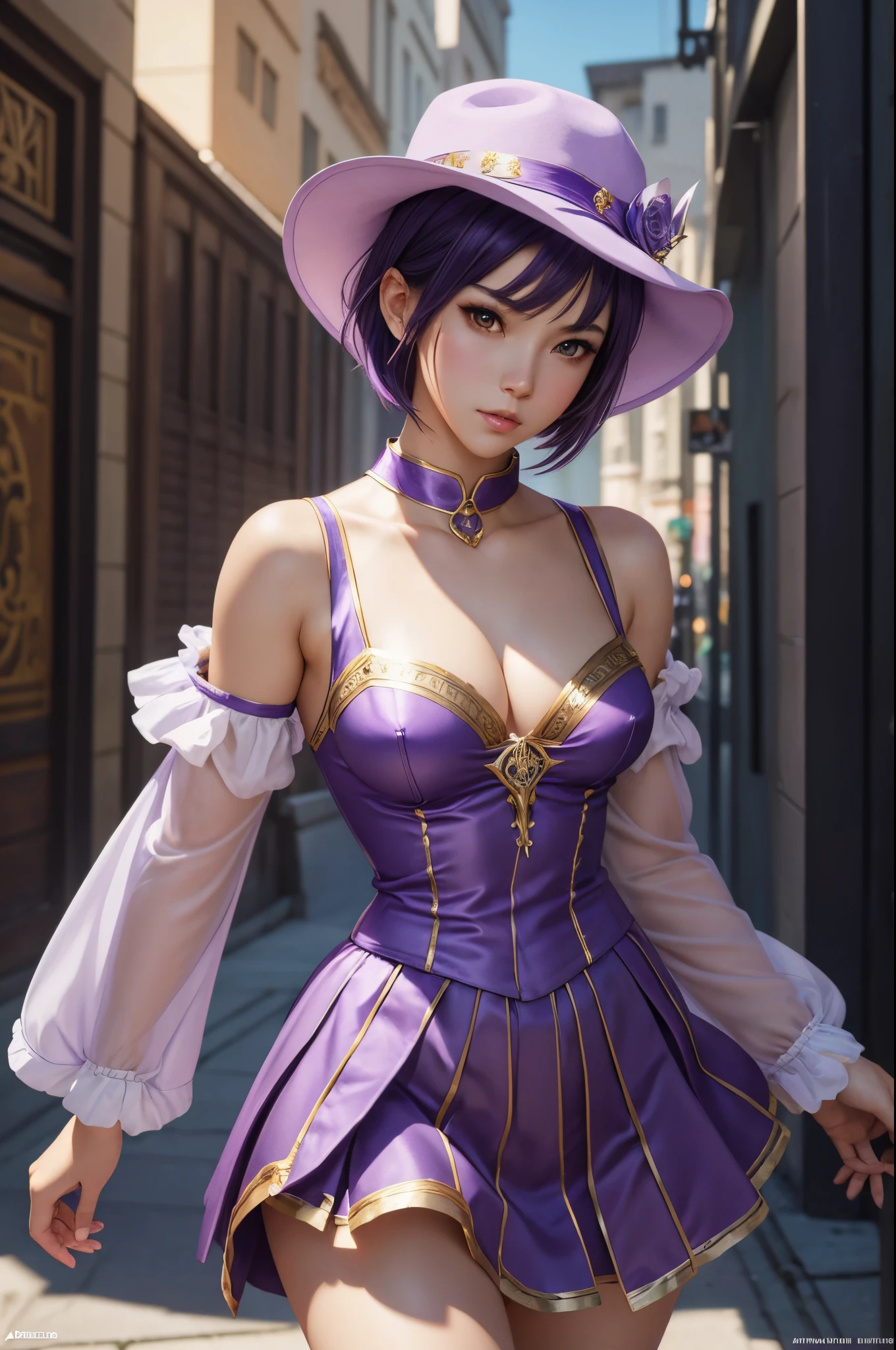 8K,Lolita girl,Goddess in purple costume and hat with magic wand, Super beautiful eyes,Golden eyes,light purple short bob hair,purple and gold skirt,small breasted goddess,very detailed Artgerm, ig model | ArtGerm, Style ArtGerm, style of artgerm, fanart best artstation, ! Dream ArtGerm, artgerm lau, Concept art | ArtGerm, cushart krenz key art feminine,超A high resolution,super realistic skin,kawaii,Fantasyart,character art,