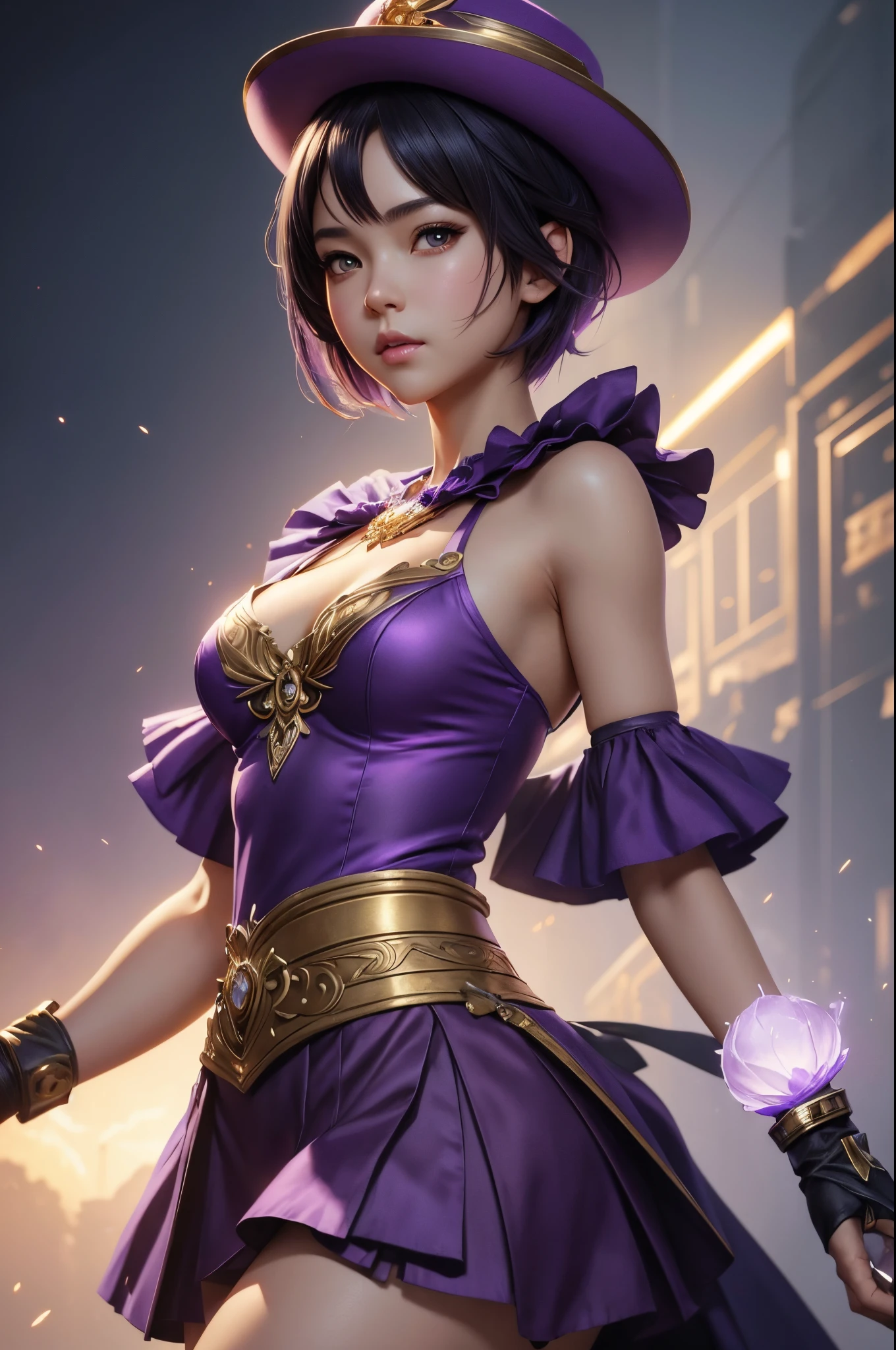 8K,ta girl,Goddess in purple costume and hat with magic wand, Super beautiful eyes,Golden eyes,light purple short bob hair,purple and gold skirt,small breasted goddess,very detailed Artgerm, ig model | ArtGerm, Style ArtGerm, style of artgerm, fanart best artstation, ! Dream ArtGerm, artgerm lau, Concept art | ArtGerm, cushart krenz key art feminine,超A high resolution,super realistic skin,kawaii,Fantasyart,character art,