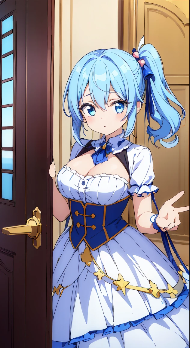 (masutepiece, Best Quality, Perfect Anatomy, High quality:1.4), nice hand, Perfect hands, Detailed beautiful hands, Large_filesize, fulcolor, hight resolution, symmetric, exceptional, Best aesthetic, newest, Anime, very beautiful detailed body,The hair,faces,The eye,BREAK,
1 beautiful girl, 1 person,Solo,(Cute:1.5),(Chibi:0.6),(kawaii:1.5),(Lori:0.5),( girl),Very detailed,colourfull,highest details,Clear skin,Beautiful skin,Shy,Very detailed,colourfull,highest details,Clear skin,Beautiful skin,Shy skin,1 beautiful girl,BREAK,{Heterochromia,blue eyess,verd s eyes:1.9},star eye silhouette, BREAK,(pale blue hair, Medium length:1.4),(Side Ponytail,A little curly hair,Single-sided twisted blade,Princess Cut:1.3),(cleavage of the breast,Large breasts,Beautiful , gleaming skin,Clear skin, Beautiful skin,(best quality face),(Top quality glowing eyes),(Doya face,brave face:1.45),
BREAK ,(plein air),
( Landscape background :1.3) ,
(A very beautiful woman seen from the entrance :1.3) ,
(the woman arrived home :1.3) ,
(opened the entrance door :1.4),
(SWAT standing:1.3),
(the i'full of shyness :1.4),
(timid :1.2) ,
(upward looking gaze :1.2) ,
Looking Up ,
From above ,depth of fields,
BREAK,wakame,wakame,wakame,(Cowboy Shot:1.4),
BREAK,(Blurry background:1.3),(absurderes, hight resolution, Super Detail Art),cel shading,Clear Color, Lonely optical effect, Beautiful pictures, Bright glow, mystic atmosphere,(Close-up of girl:1.1), Mystical light particle effect,manga influence, clean line drawings,