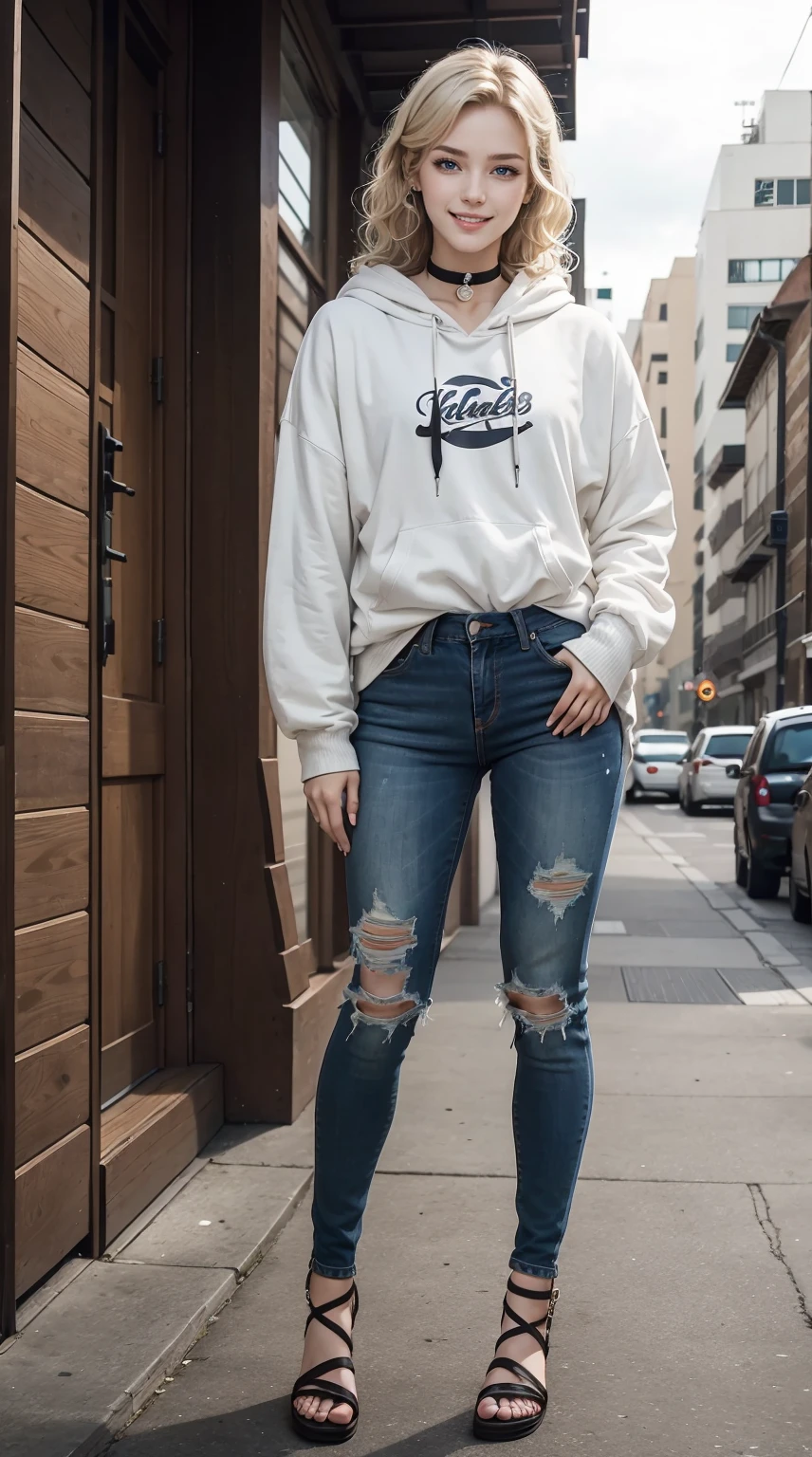 25-year-old Caucasian woman、platinum-blonde、blue eyess、Semi-long、My hair is wavy、Hair is tied up、accessories on the wrist、wearing a choker、a smile、Tall and slender, with a well-proportioned, slender, muscular body、I don't want my head to disappear from the screen.、Wearing a hoodie and covering the hood、He is wearing skinny jeans and has his hands in his pockets.、a smile、I'm wearing sandals