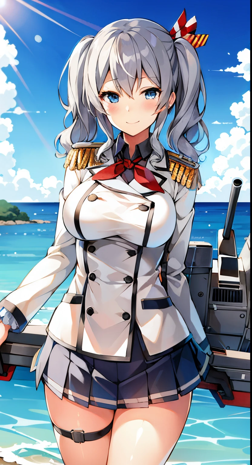 1girl, solo, masterpiece, best quality, standing, blue sky, ocean, ready for battle, serious, smile, KashimaRIG, kashima \(kancolle\),  grey hair, blue eyes, wavy hair, twin tails, tsurime, beret, epaulettes, frilled sleeves,  jacket, large breasts, long sleeves, military, military uniform, miniskirt, pleated skirt, red neckerchief, tsurime, white gloves, anchor, rigging, turret, gun, machinery, canon