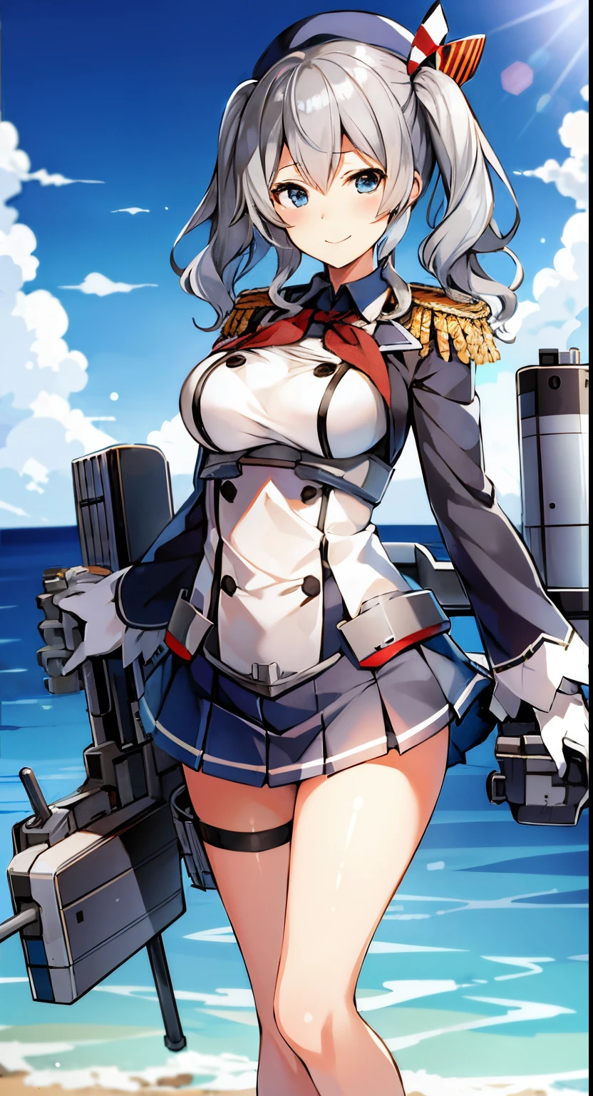 1girl, solo, masterpiece, best quality, standing, blue sky, ocean, ready for battle, serious, smile, KashimaRIG, kashima \(kancolle\),  grey hair, blue eyes, wavy hair, twin tails, tsurime, beret, epaulettes, frilled sleeves,  jacket, large breasts, long sleeves, military, military uniform, miniskirt, pleated skirt, red neckerchief, tsurime, white gloves, anchor, rigging, turret, gun, machinery, canon