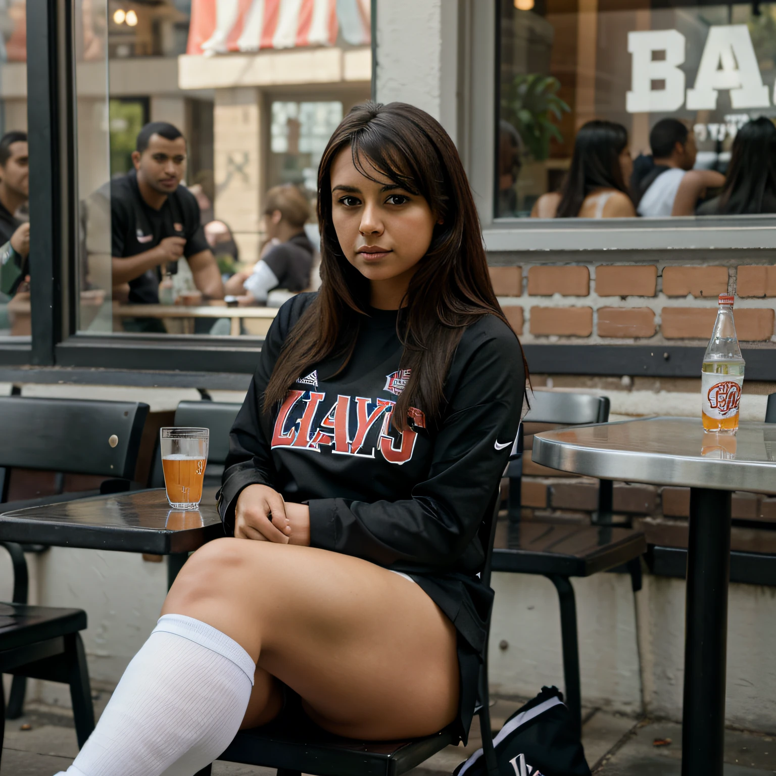 Layla, the dedicated football enthusiast, takes a moment of calm before the game, sitting outside a restaurant