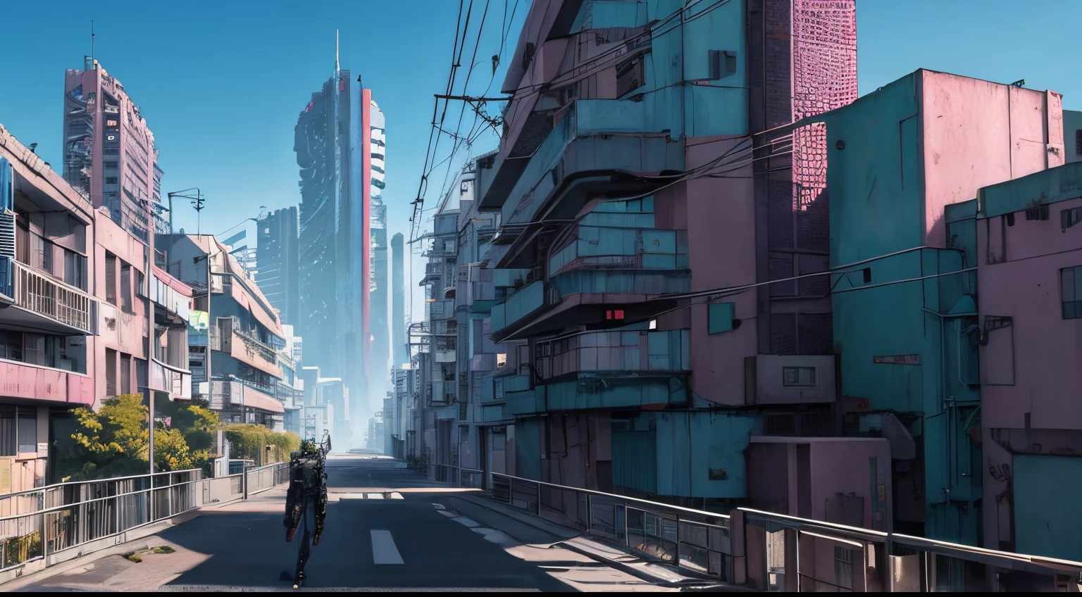 Imagen de un paisaje urbano cyberpunk, A cyberpunk urban landscape environment, Anime style, Arte Profesional, perfect composition, 8k, Beautiful, intrincado, Detalles