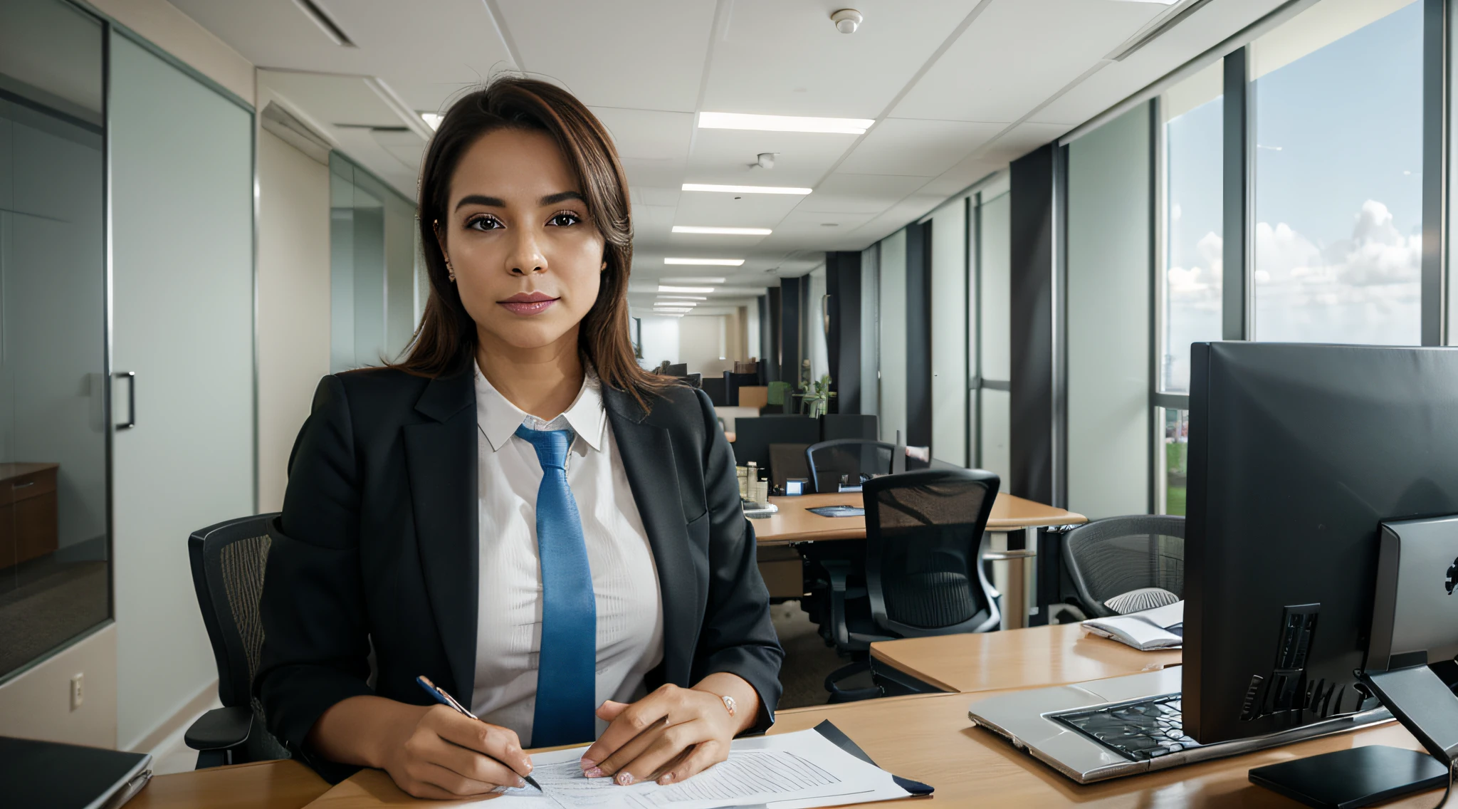 Business executive standing in an office, com o fundo levemente desfocado, Utra realista, 4k