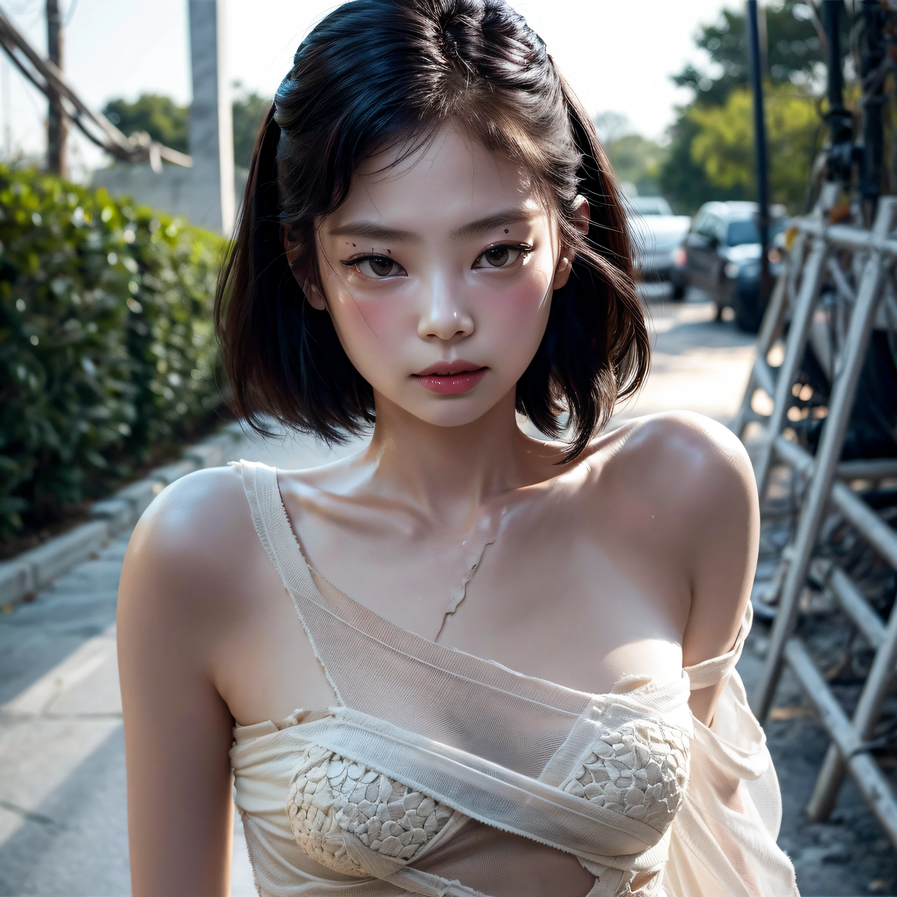 Medium shot, naked portrait,  nudephotography, shinynipple, , DEEP CLEAVAGE, MEDIUM BREAST, Bokeh, (hdr:1.4), High contrast, (Cinematic, Teal and orange:0.85), (pastel colour, dim colors, soothing tones:1.3), show armpit 
