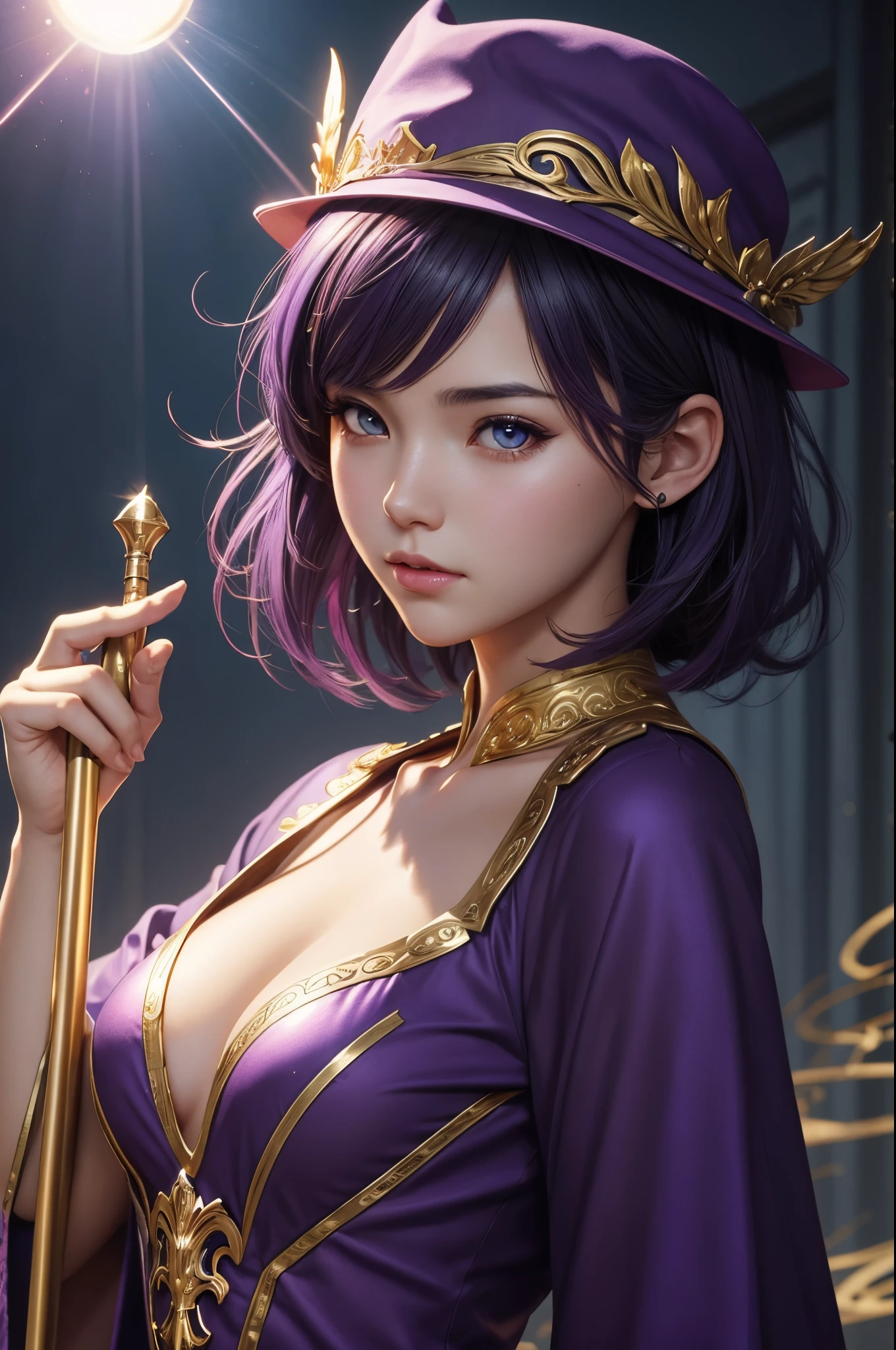 8K,ta girl,Goddess in purple costume and wizard's hat holding a magic wand, Super beautiful eyes,Golden eyes,light purple short bob hair,purple and gold skirt,small breasted goddess,very detailed Artgerm, ig model | ArtGerm, Style ArtGerm, style of artgerm, fanart best artstation, ! Dream ArtGerm, artgerm lau, Concept art | ArtGerm, cushart krenz key art feminine,超A high resolution,super realistic skin,kawaii,Fantasyart,character art,