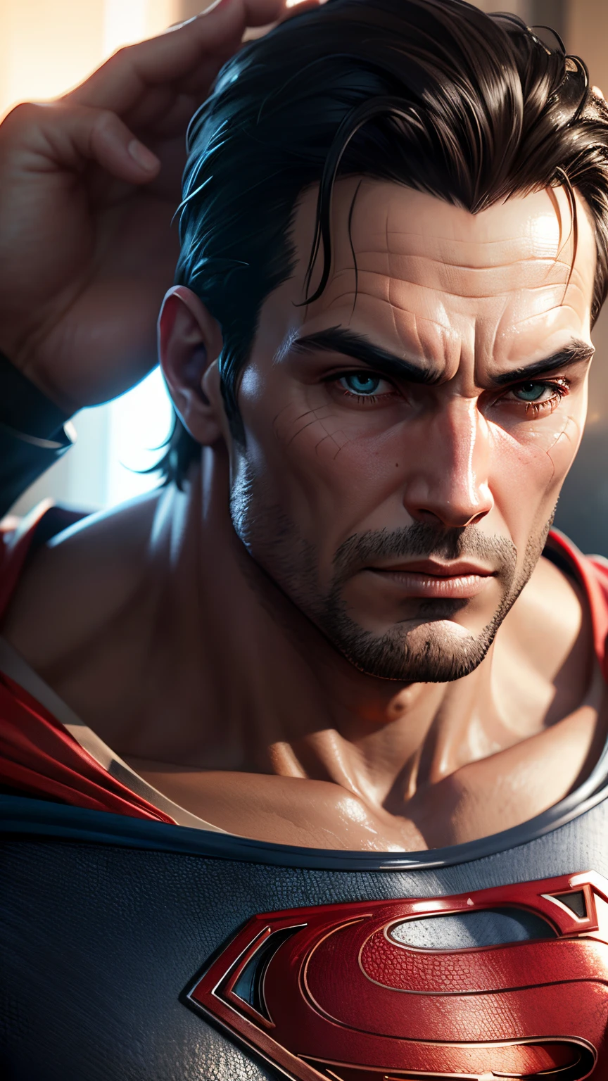 retrato close up, Superman, ultra realista, hiper detalhado, rev animated, dark and light, 3D rendering style, unreal engine 5, 8k.